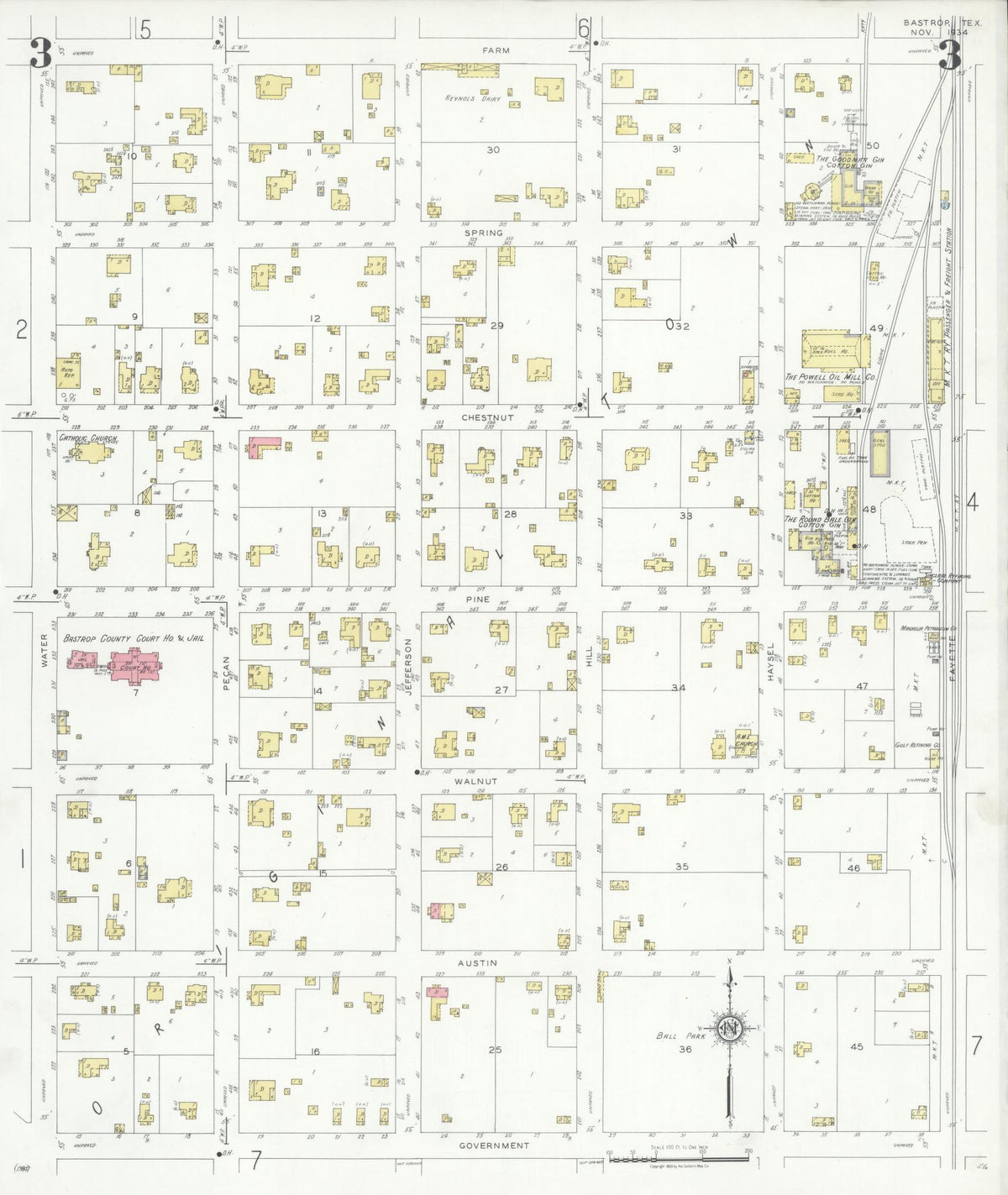 Sanborn Fire Insurance Map from Bastrop, Bastrop County, Texas (1934), Sheet #0003 - Complete Map Set gallery image, historic Sanborn map, vintage wall art, Texas Texas