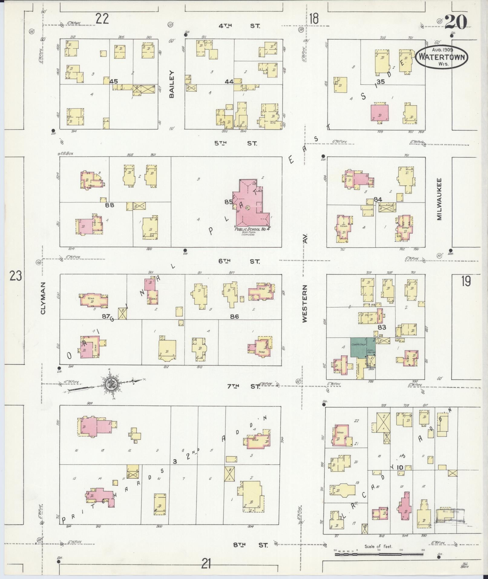 Sanborn Fire Insurance Map from Watertown, Jefferson County, Wisconsin (1909), Sheet #0020 - Historic Sanborn Fire Insurance Map Print, vintage old map wall art, antique decor, genealogy gift, Wisconsin Wisconsin map
