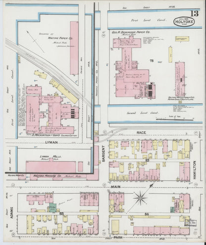 Sanborn Fire Insurance Map from Holyoke, Hampden County, Massachusetts (1889), Sheet #0013 - Historic Sanborn Fire Insurance Map Print, vintage old map wall art, antique decor, genealogy gift, Massachusetts Massachusetts map
