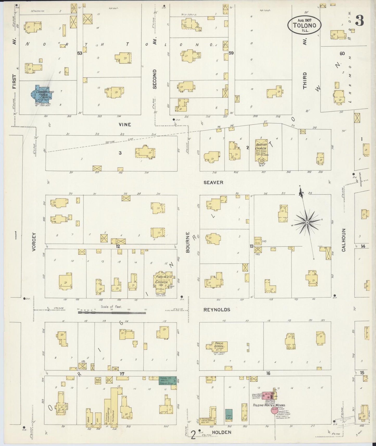 Sanborn Fire Insurance Map from Tolono, Champaign County, Illinois (1907), Sheet #0003 - Historic Sanborn Fire Insurance Map Print, vintage old map wall art, antique decor, genealogy gift, Illinois Illinois map