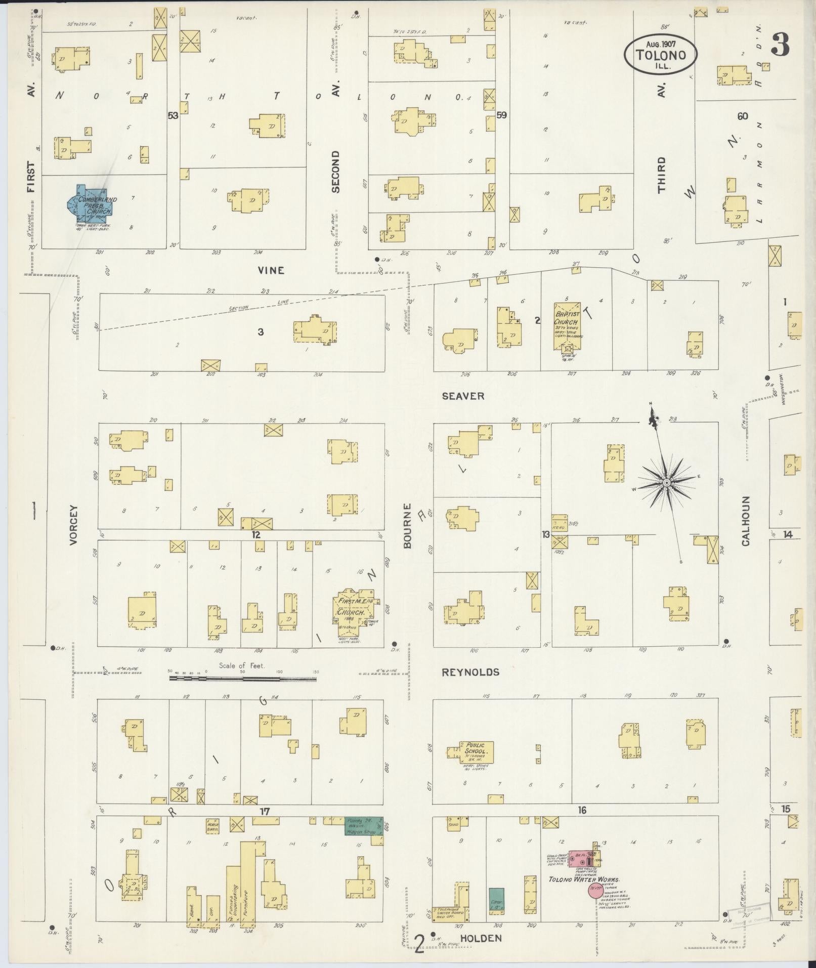 Sanborn Fire Insurance Map from Tolono, Champaign County, Illinois (1907), Sheet #0003 - Historic Sanborn Fire Insurance Map Print, vintage old map wall art, antique decor, genealogy gift, Illinois Illinois map