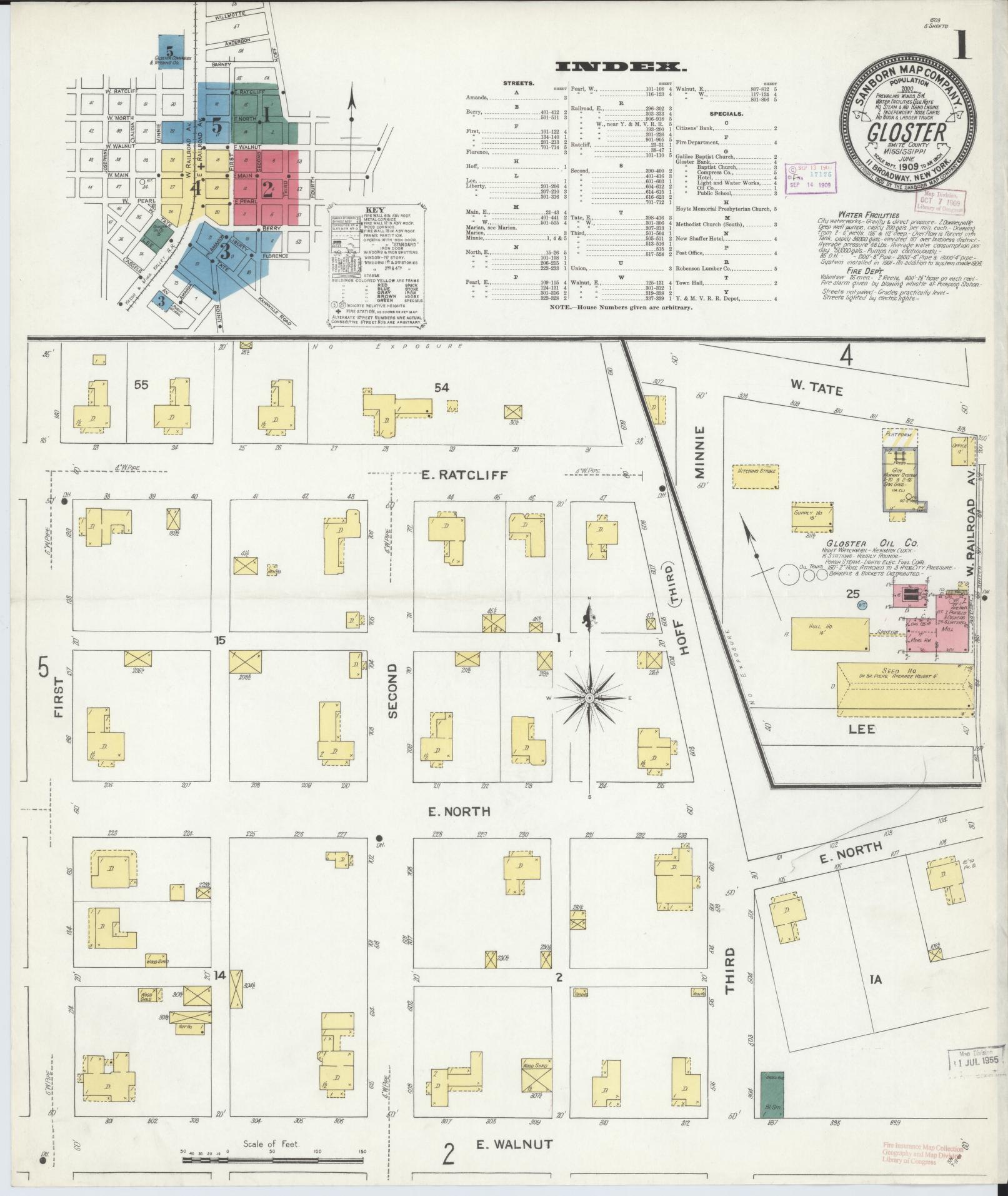 Sanborn Fire Insurance Map from Gloster, Amite County, Mississippi (1909), Sheet #0001 - Historic Sanborn Fire Insurance Map Print, vintage old map wall art, antique decor, genealogy gift, Mississippi Mississippi map