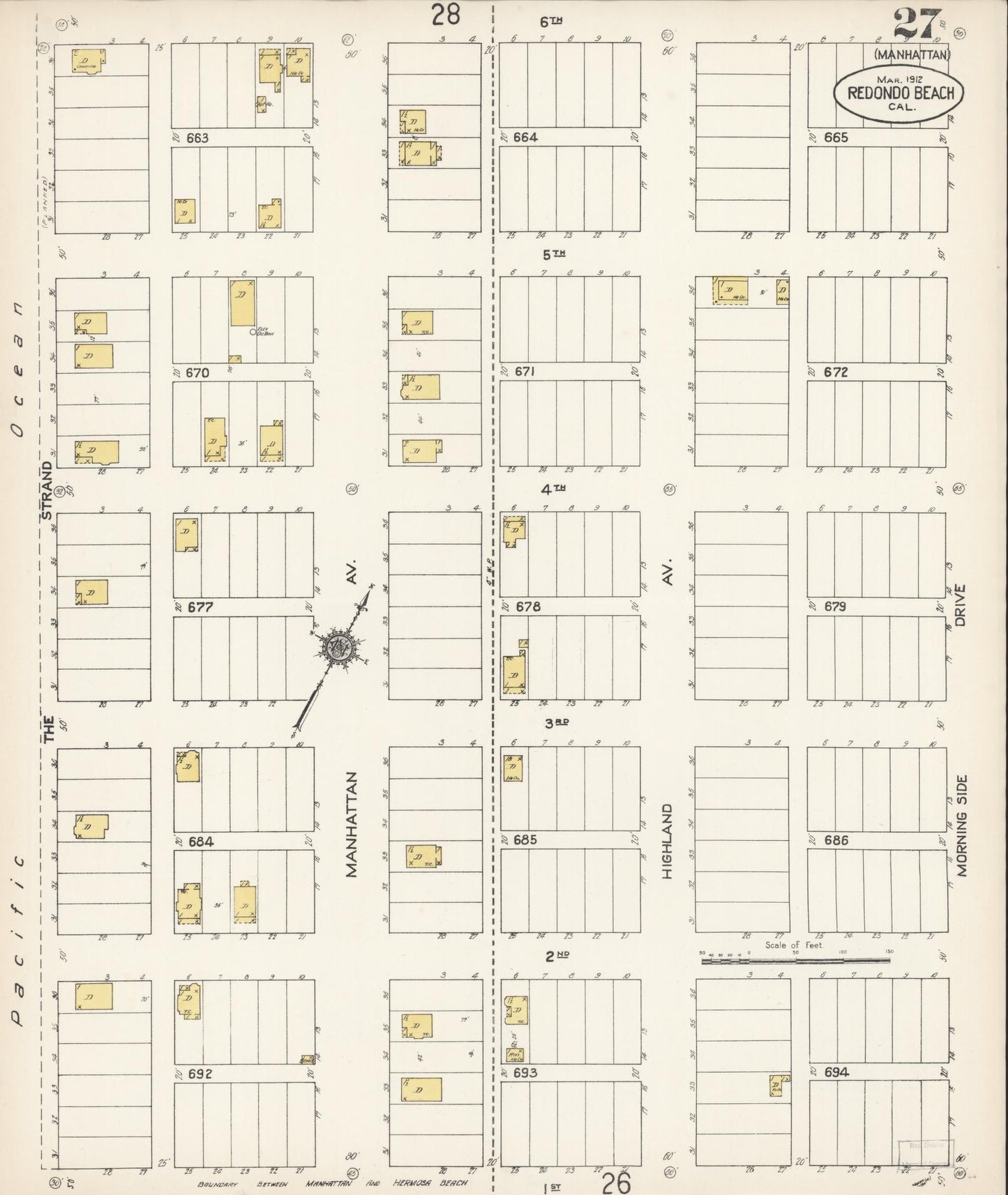 Sanborn Fire Insurance Map from Redondo Beach, Los Angeles County, California (1912), Sheet #0027 - Complete Map Set gallery image, historic Sanborn map, vintage wall art, California California