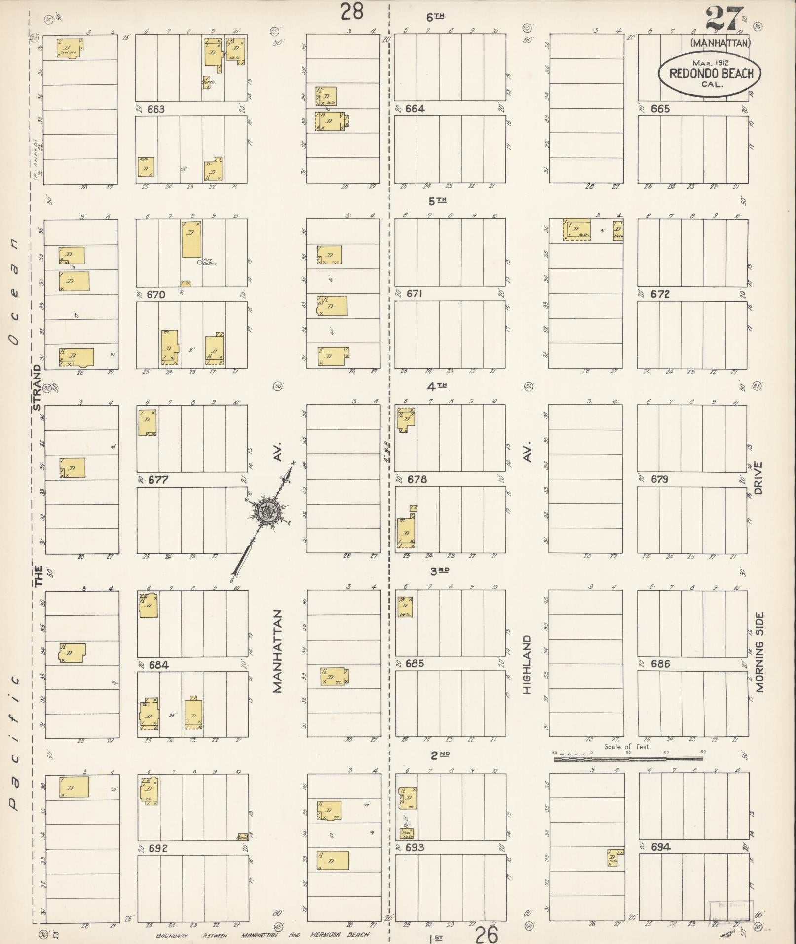 Sanborn Fire Insurance Map from Redondo Beach, Los Angeles County, California (1912), Sheet #0027 - Complete Map Set gallery image, historic Sanborn map, vintage wall art, California California