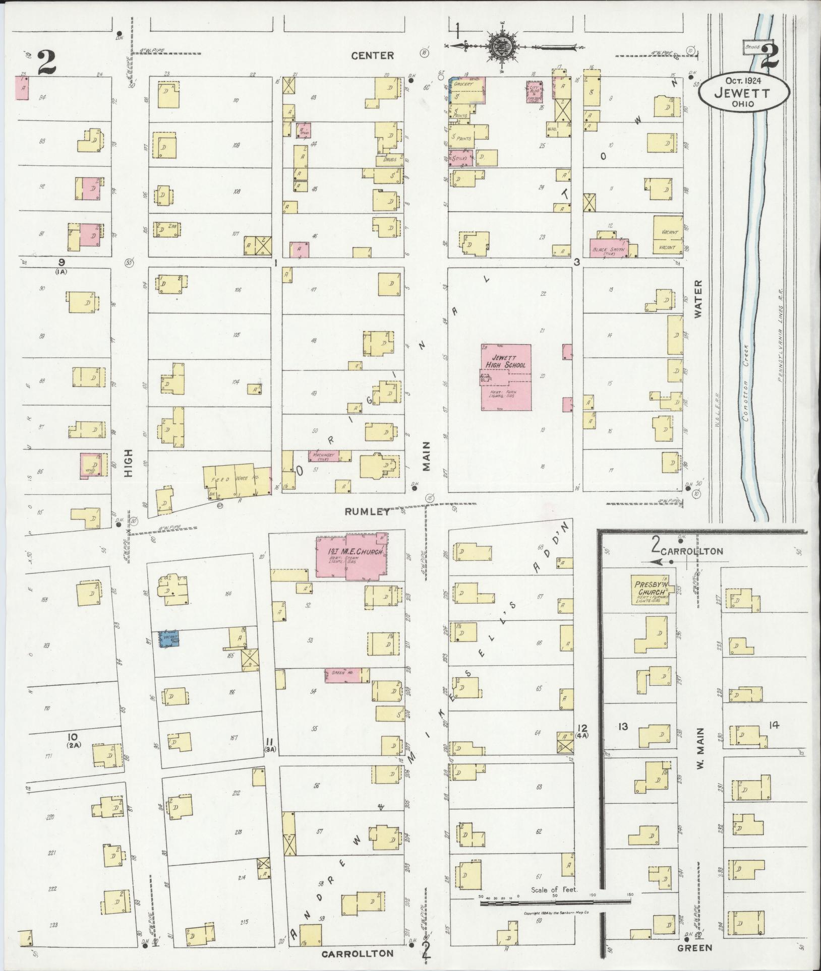 Sanborn Fire Insurance Map from Jewett, Harrison County, Ohio (1924), Sheet #0002 - Historic Sanborn Fire Insurance Map Print, vintage old map wall art, antique decor, genealogy gift, Ohio Ohio map
