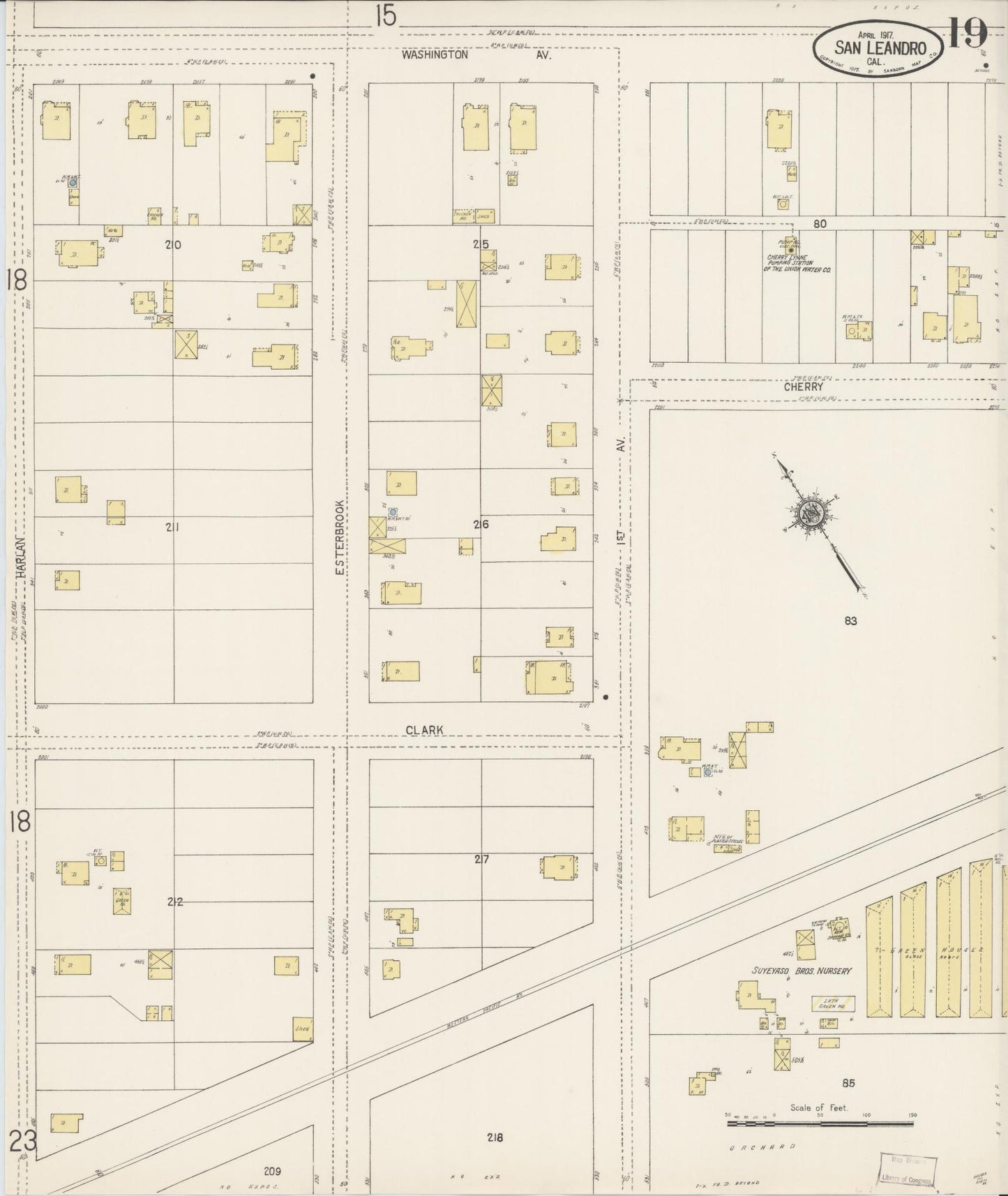 Sanborn Fire Insurance Map from San Leandro, Alameda County, California (1917), Sheet #0019 - Complete Map Set gallery image, historic Sanborn map, vintage wall art, California California