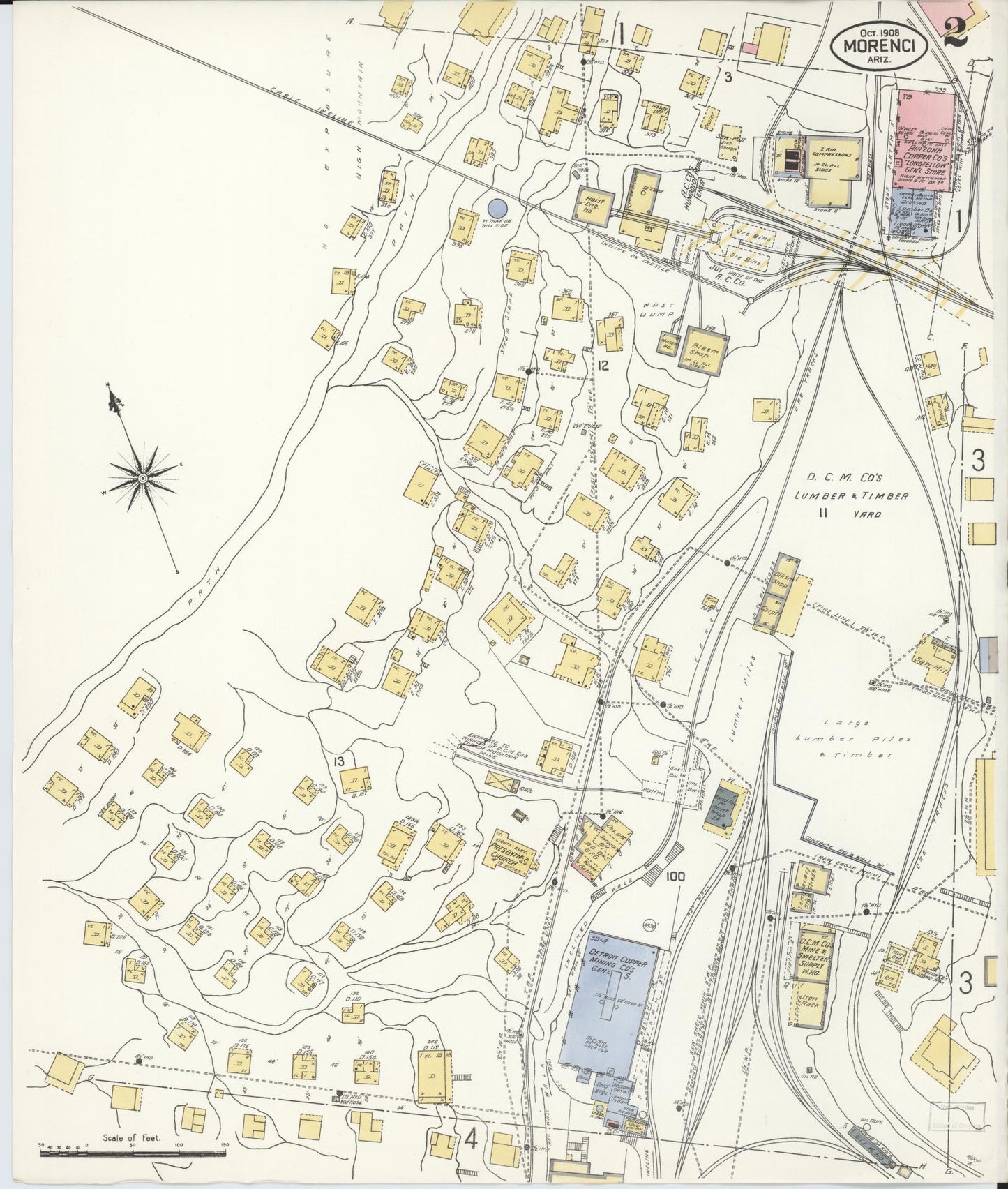 Sanborn Fire Insurance Map from Morenci, Greenlee County, Arizona (1908), Sheet #0002 - Complete Map Set gallery image, historic Sanborn map, vintage wall art, Arizona Arizona