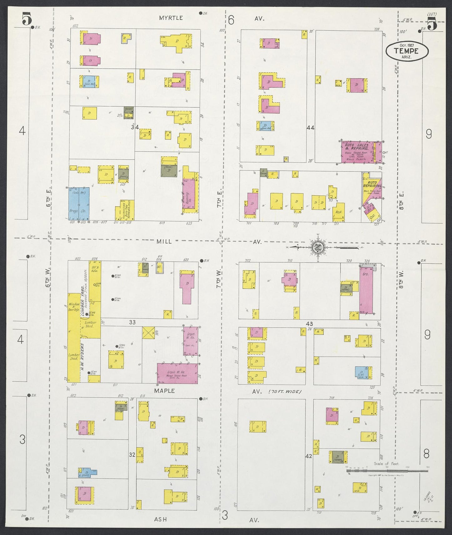 Sanborn Fire Insurance Map from Tempe, Maricopa County, Arizona (1927), Sheet #0005 - Historic Sanborn Fire Insurance Map Print, vintage old map wall art, antique decor, genealogy gift, Arizona Arizona map