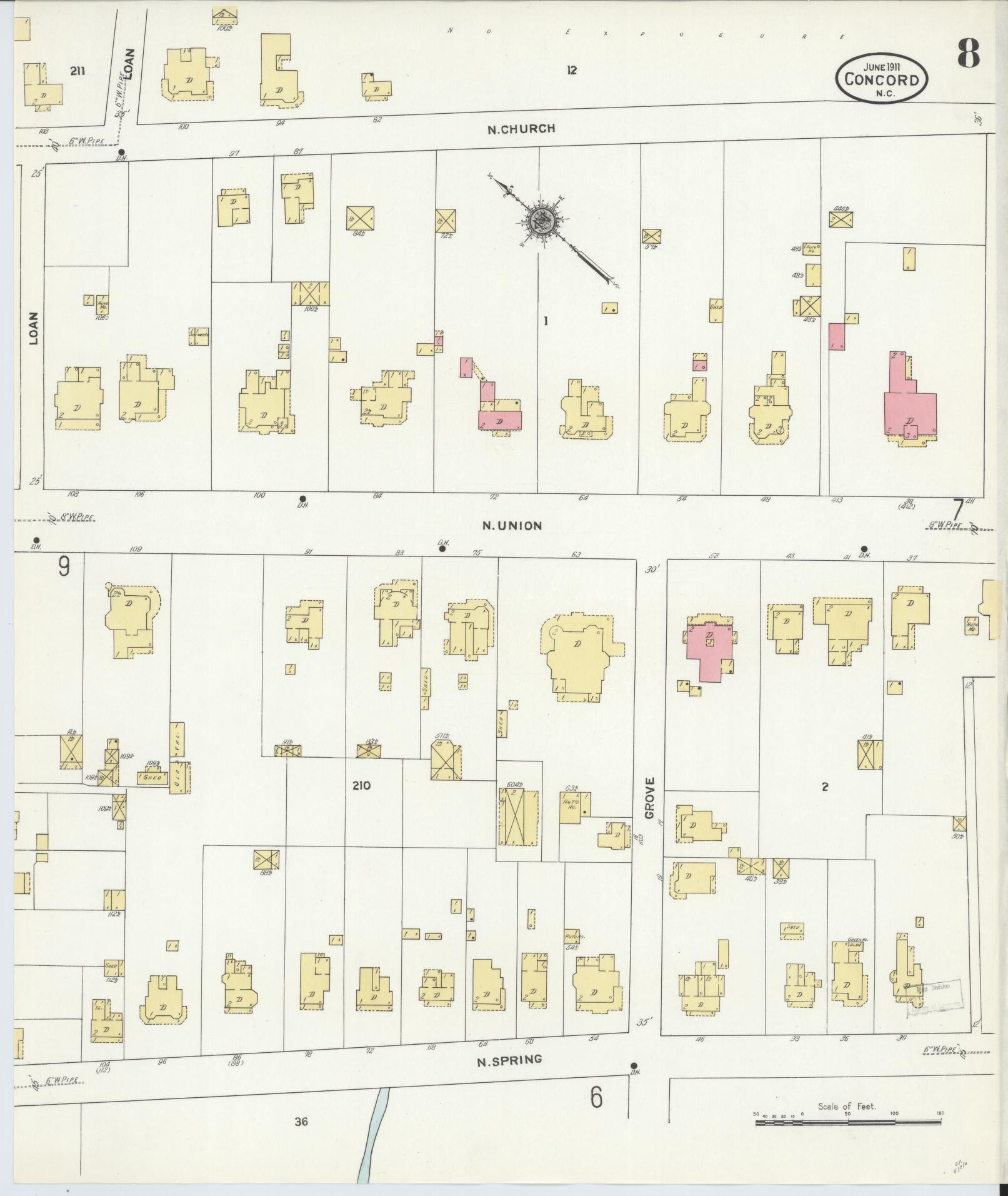 Sanborn Fire Insurance Map from Concord, Cabarrus County, North Carolina (1911), Sheet #0008 - Complete Map Set gallery image, historic Sanborn map, vintage wall art, North Carolina North Carolina