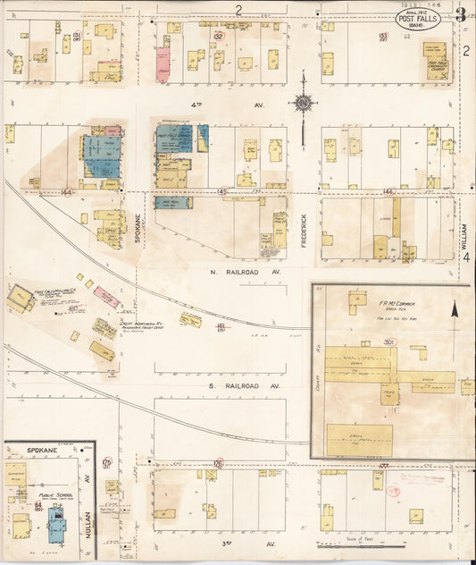 Sanborn Fire Insurance Map from Post Falls, Kootenai County, Idaho (1928), Sheet #0003 - Historic Sanborn Fire Insurance Map Print, vintage old map wall art, antique decor, genealogy gift, Idaho Idaho map