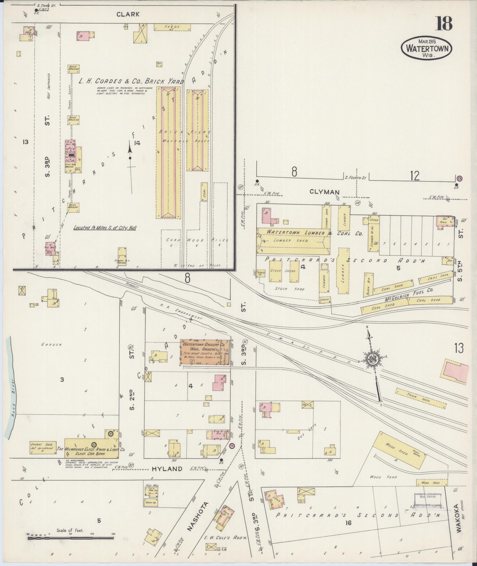 Sanborn Fire Insurance Map from Watertown, Jefferson County, Wisconsin (1915), Sheet #0019 - Historic Sanborn Fire Insurance Map Print, vintage old map wall art, antique decor, genealogy gift, Wisconsin Wisconsin map
