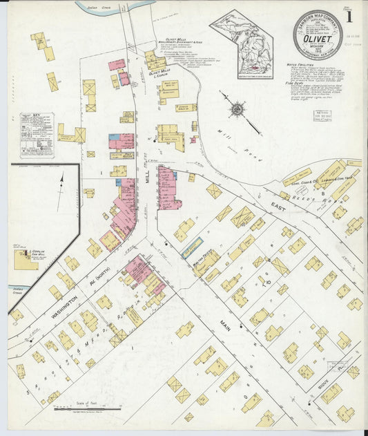 Sanborn Fire Insurance Map from Olivet, Eaton County, Michigan (1918), Sheet #0001 - Historic Sanborn Fire Insurance Map Print, vintage old map wall art, antique decor, genealogy gift, Michigan Michigan map
