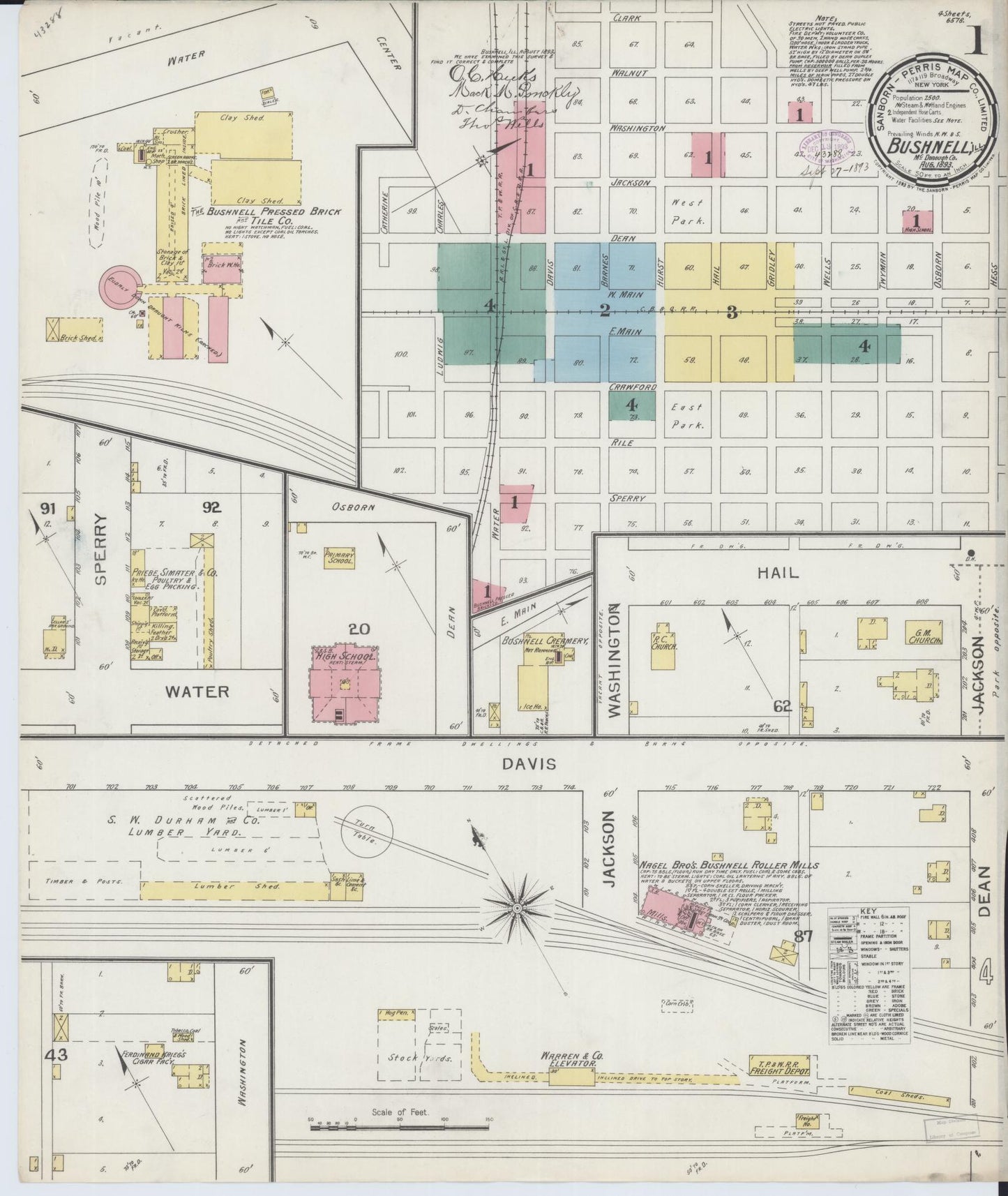 Sanborn Fire Insurance Map from Bushnell, Mcdonough County, Illinois (1893), Sheet #0001 - Historic Sanborn Fire Insurance Map Print, vintage old map wall art, antique decor, genealogy gift, Illinois Illinois map