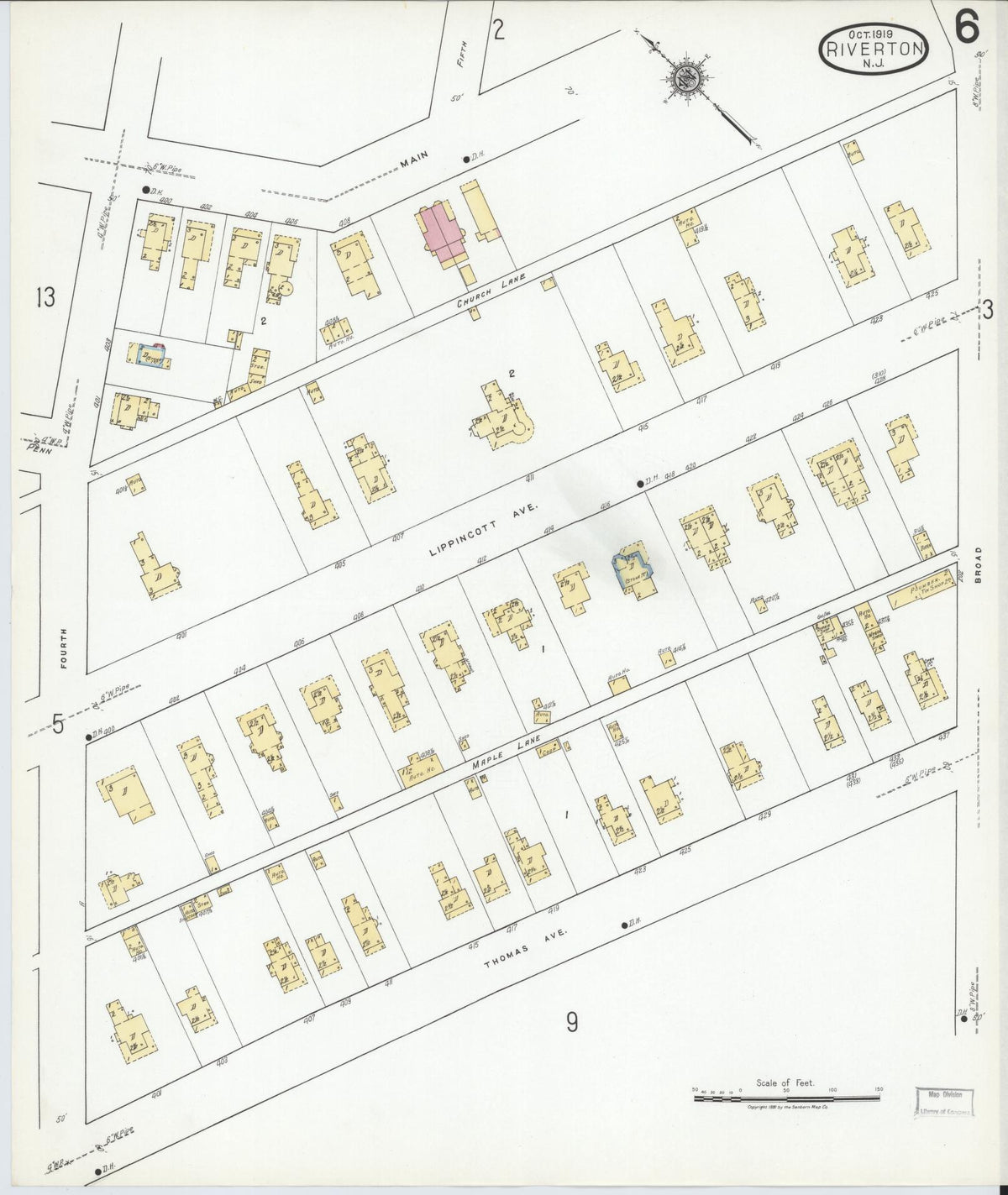 Sanborn Fire Insurance Map from Riverton, Burlington County, New Jersey (1919), Sheet #0006 - Complete Map Set gallery image, historic Sanborn map, vintage wall art, New Jersey New Jersey