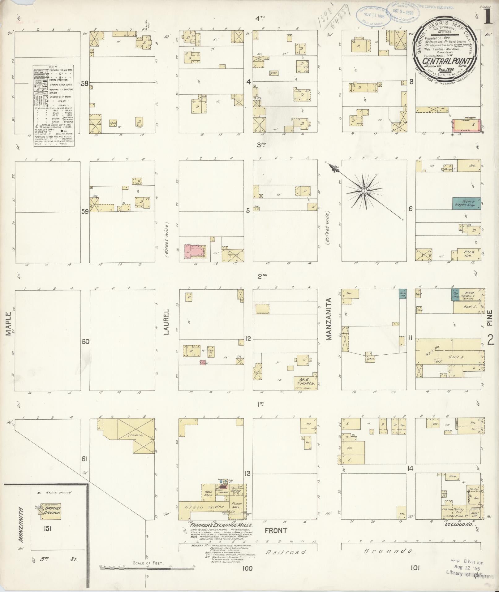 Sanborn Fire Insurance Map from Central Point, Jackson County, Oregon (1898), Sheet #0001 - Historic Sanborn Fire Insurance Map Print, vintage old map wall art, antique decor, genealogy gift, Oregon Oregon map