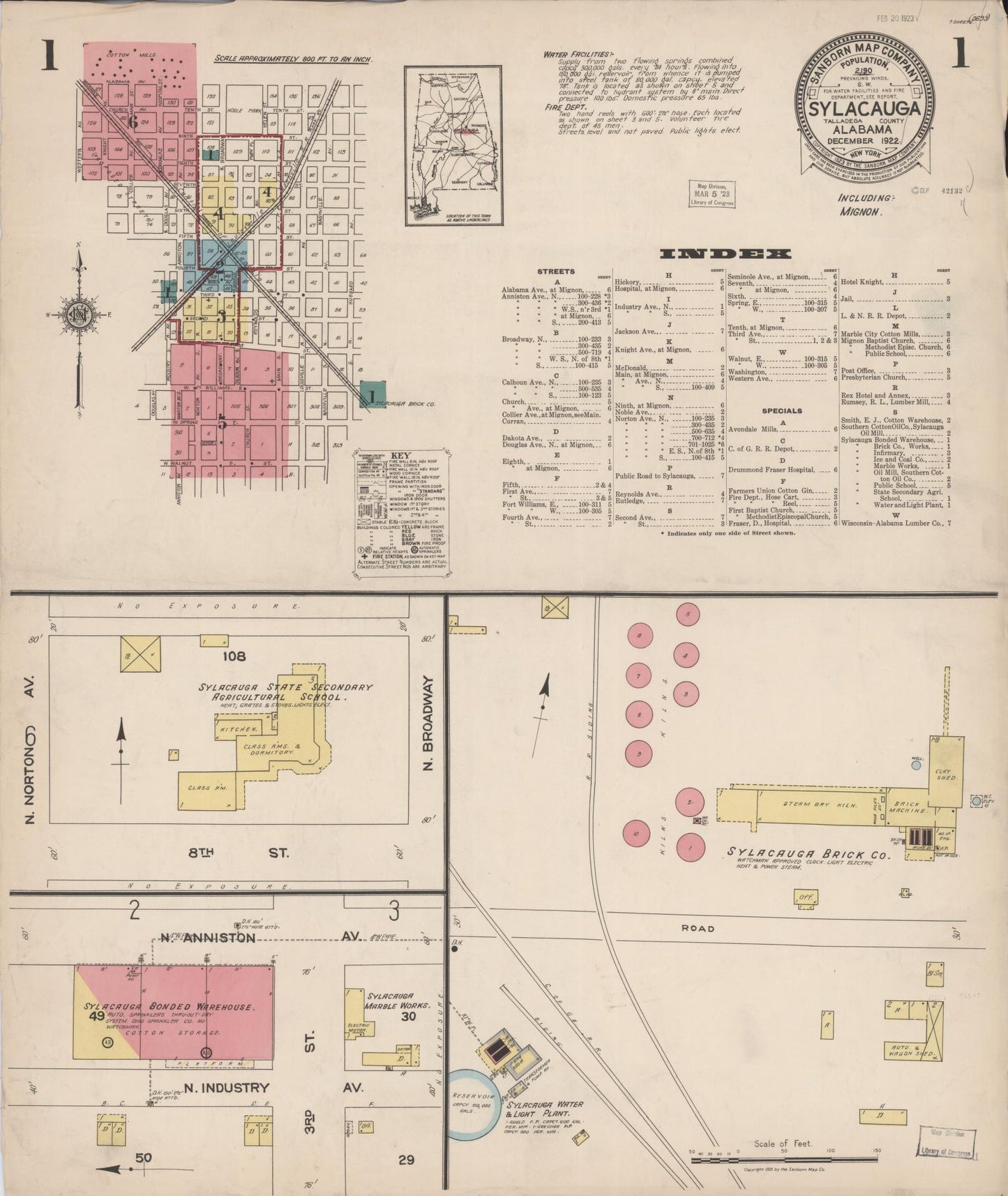 Sanborn Fire Insurance Map from Sylacauga, Talladega County, Alabama (1922), Sheet #0001 - Complete Map Set gallery image, historic Sanborn map, vintage wall art, Alabama Alabama