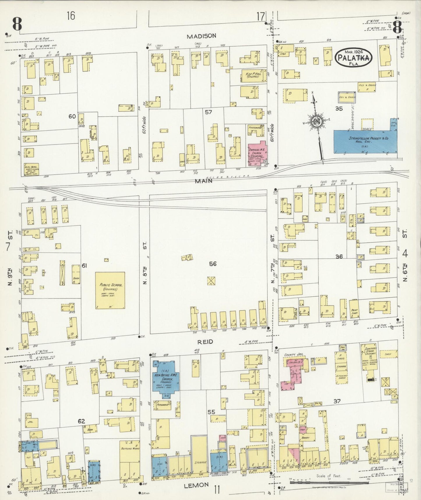 Sanborn Fire Insurance Map from Palatka, Putnam County, Florida (1924), Sheet #0008 - Historic Sanborn Fire Insurance Map Print, vintage old map wall art, antique decor, genealogy gift, Florida Florida map