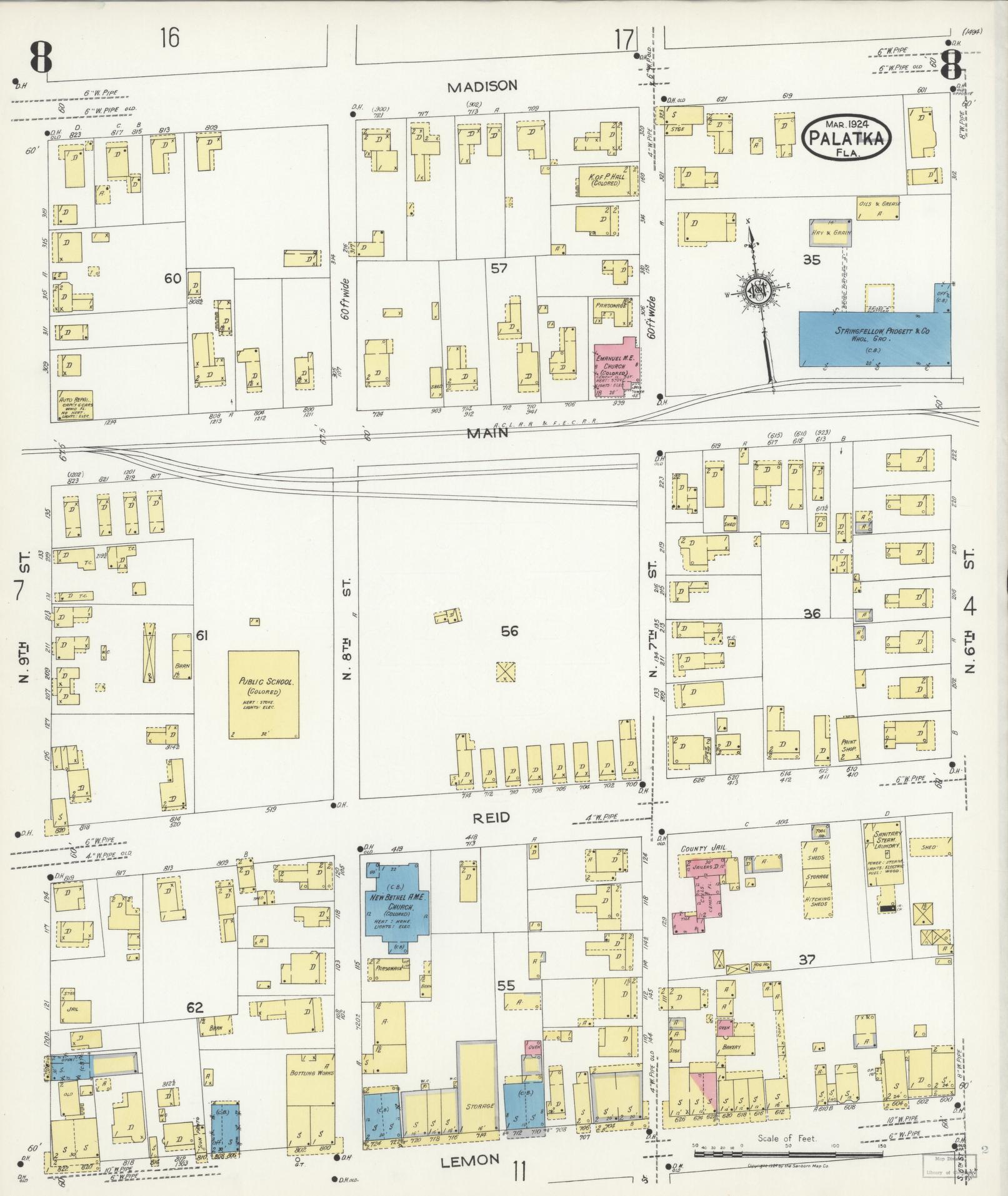 Sanborn Fire Insurance Map from Palatka, Putnam County, Florida (1924), Sheet #0008 - Historic Sanborn Fire Insurance Map Print, vintage old map wall art, antique decor, genealogy gift, Florida Florida map
