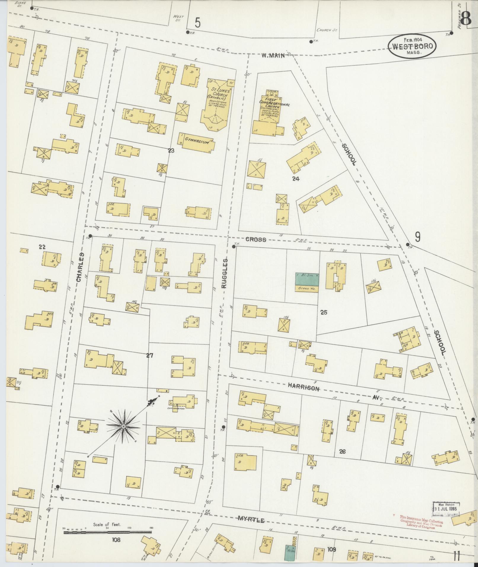 Sanborn Fire Insurance Map from Westboro, Worcester County, Massachusetts (1904), Sheet #0008 - Complete Map Set gallery image, historic Sanborn map, vintage wall art, Massachusetts Massachusetts