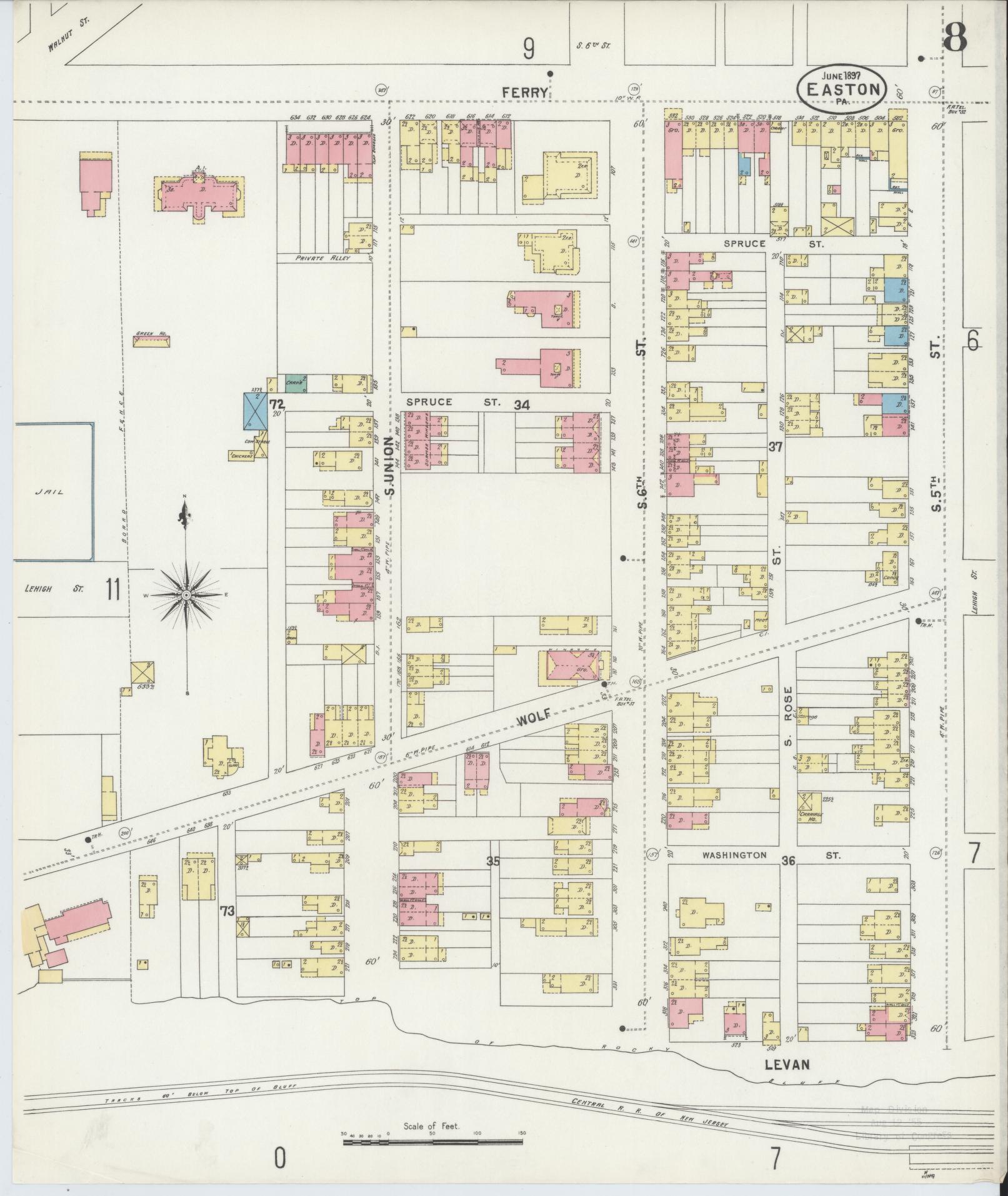 Sanborn Fire Insurance Map from Easton, Northampton County, Pennsylvania (1897), Sheet #0008 - Historic Sanborn Fire Insurance Map Print, vintage old map wall art, antique decor, genealogy gift, Pennsylvania Pennsylvania map