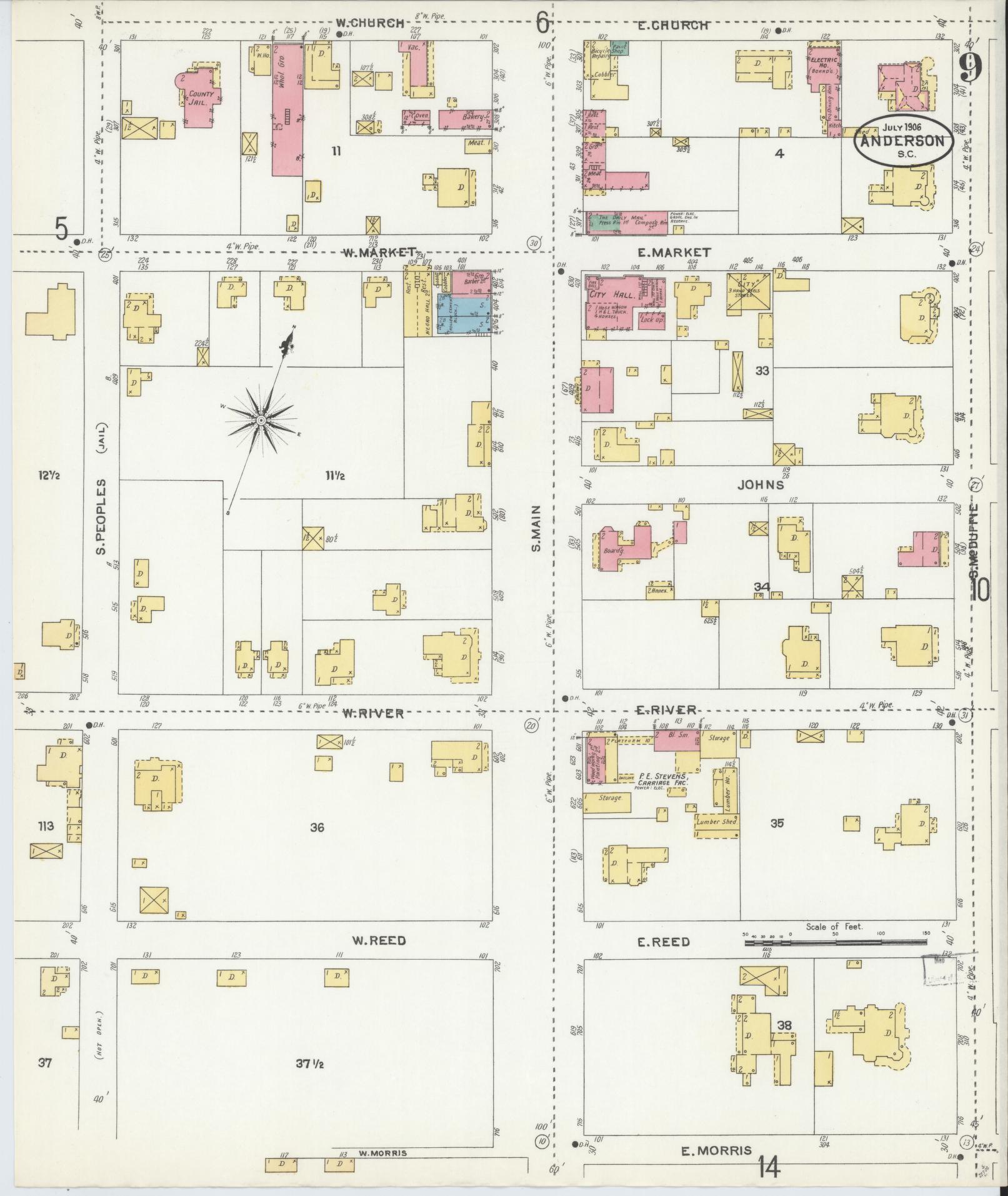 Sanborn Fire Insurance Map from Anderson, Anderson County, South Carolina (1906), Sheet #0009 - Complete Map Set gallery image, historic Sanborn map, vintage wall art, South Carolina South Carolina