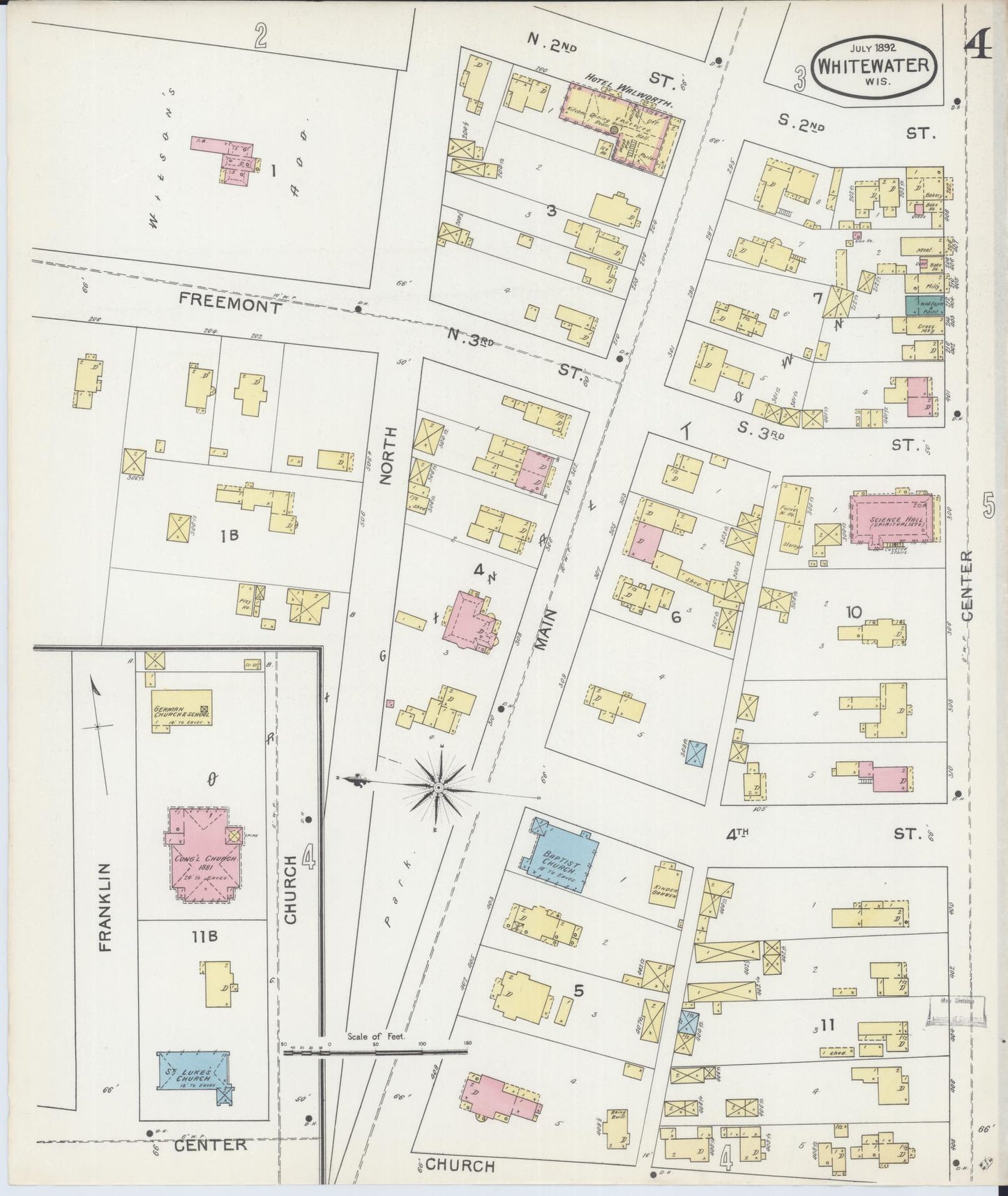 Sanborn Fire Insurance Map from Whitewater, Walworth County, Wisconsin (1892), Sheet #0004 - Complete Map Set gallery image, historic Sanborn map, vintage wall art, Wisconsin Wisconsin