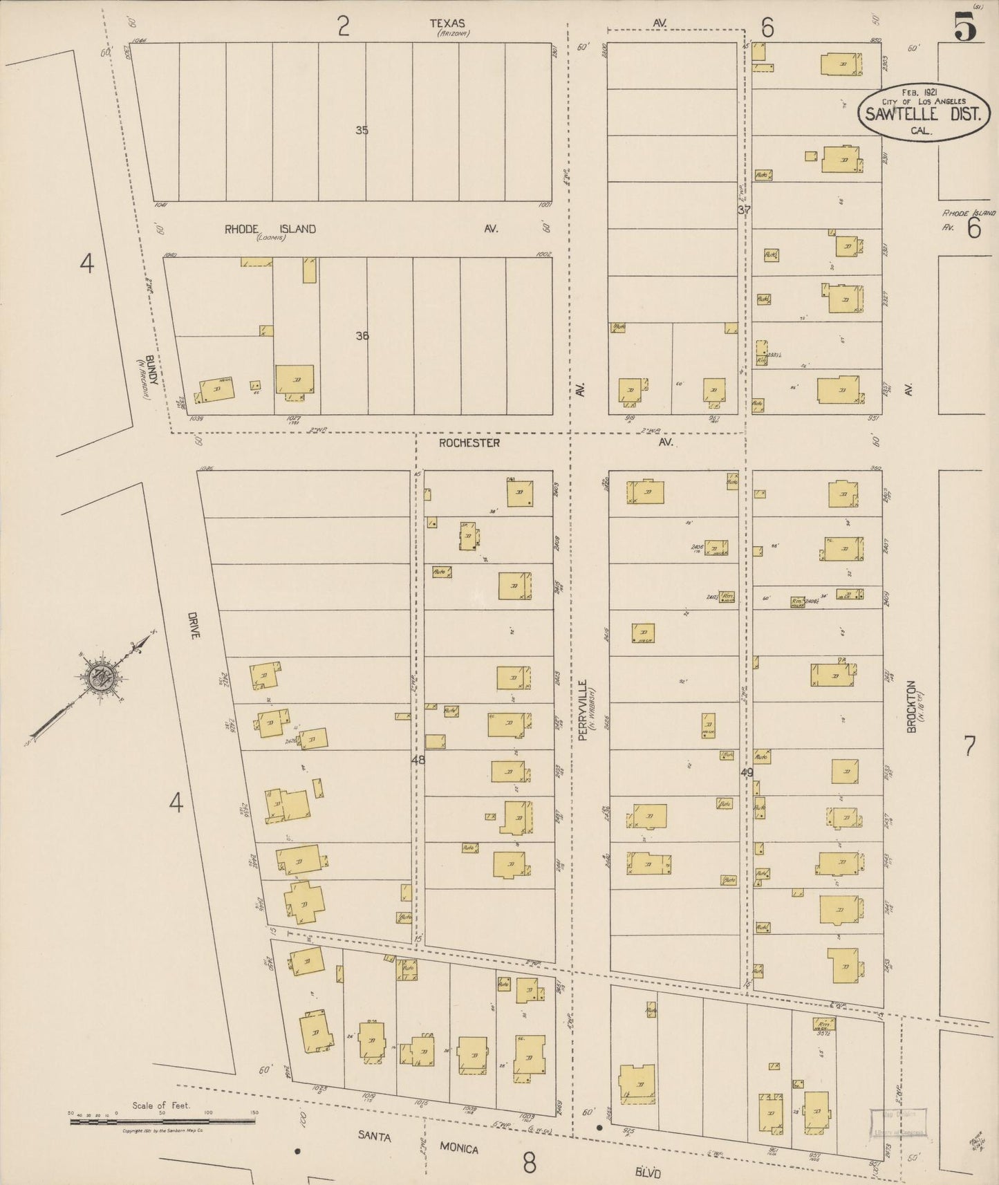 Sanborn Fire Insurance Map from Sawtelle, Los Angeles County, California (1921), Sheet #0005 - Complete Map Set gallery image, historic Sanborn map, vintage wall art, California California