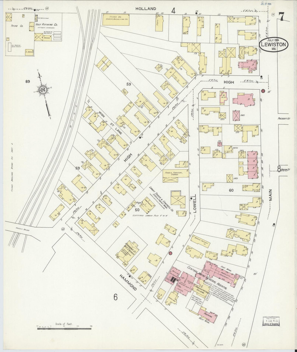 Sanborn Fire Insurance Map from Lewiston, Androscoggin County, Maine (1914), Sheet #0007 - Historic Sanborn Fire Insurance Map Print, vintage old map wall art, antique decor, genealogy gift, Maine Maine map