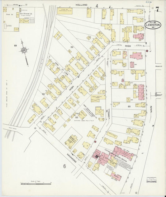 Sanborn Fire Insurance Map from Lewiston, Androscoggin County, Maine (1914), Sheet #0007 - Historic Sanborn Fire Insurance Map Print, vintage old map wall art, antique decor, genealogy gift, Maine Maine map