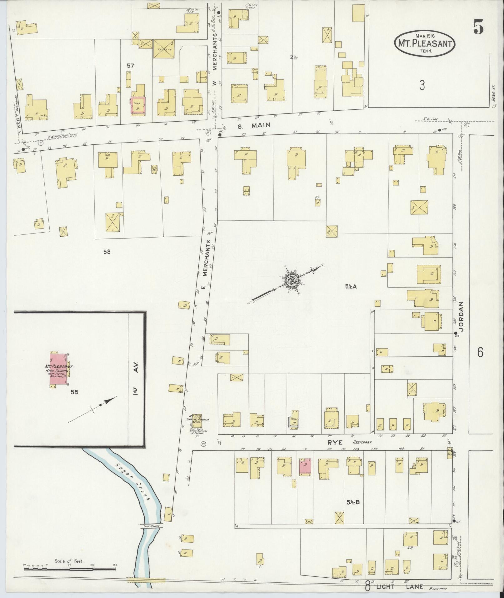 Sanborn Fire Insurance Map from Mount Pleasant, Maury County, Tennessee (1916), Sheet #0005 - Historic Sanborn Fire Insurance Map Print, vintage old map wall art, antique decor, genealogy gift, Tennessee Tennessee map