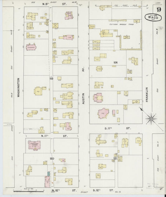 Sanborn Fire Insurance Map from Waco, McLennan County, Texas (1889), Sheet #0009 - Historic Sanborn Fire Insurance Map Print, vintage old map wall art, antique decor, genealogy gift, Texas Texas map
