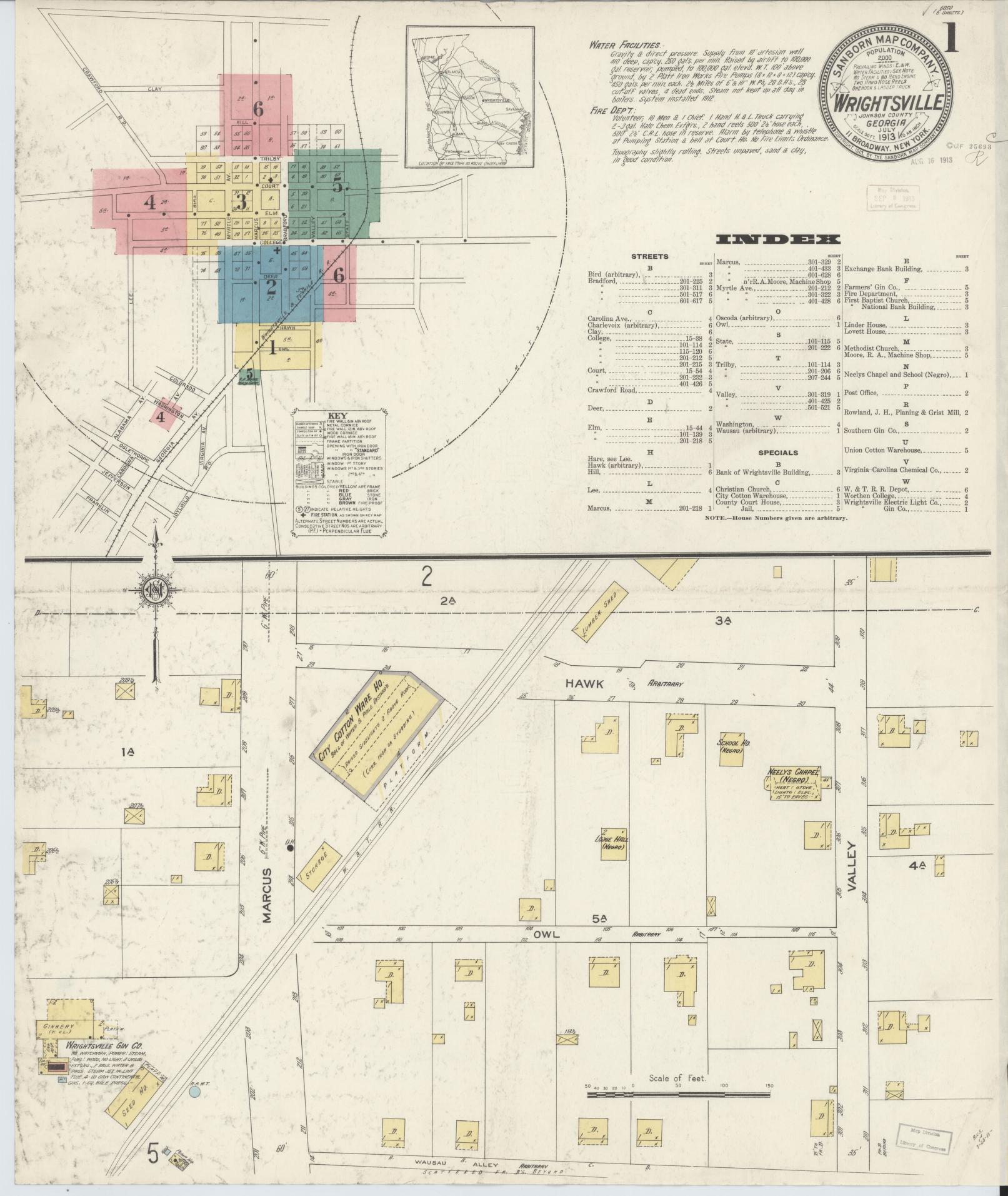 Sanborn Fire Insurance Map from Wrightsville, Johnson County, Georgia (1913), Sheet #0001 - Complete Map Set gallery image, historic Sanborn map, vintage wall art, Georgia Georgia
