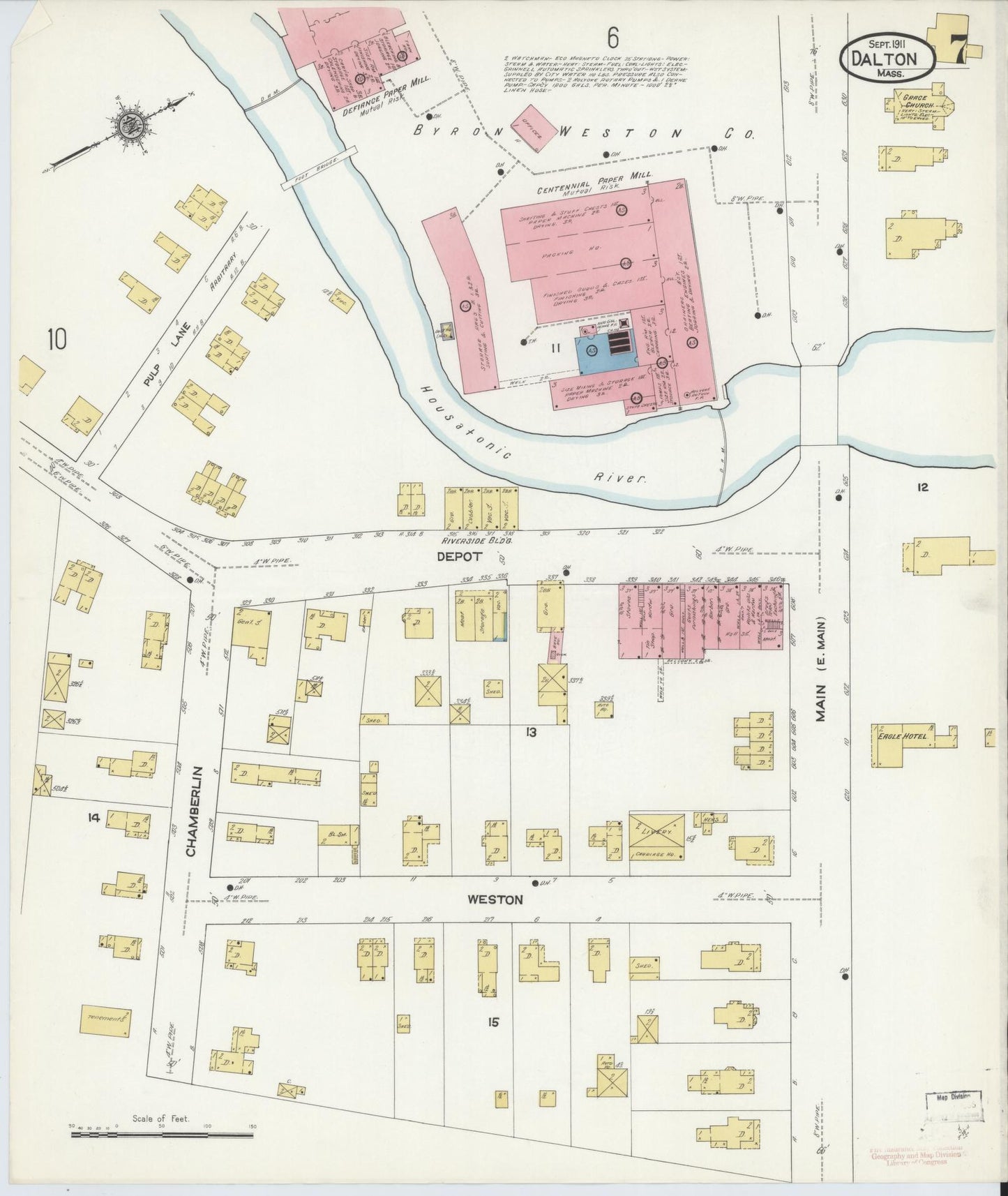 Sanborn Fire Insurance Map from Dalton, Berkshire County, Massachusetts (1911), Sheet #0007 - Historic Sanborn Fire Insurance Map Print, vintage old map wall art, antique decor, genealogy gift, Massachusetts Massachusetts map