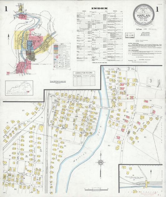 Sanborn Fire Insurance Map from Harlan, Harlan County, Kentucky (1932), Sheet #0001 - Historic Sanborn Fire Insurance Map Print, vintage old map wall art, antique decor, genealogy gift, Kentucky Kentucky map
