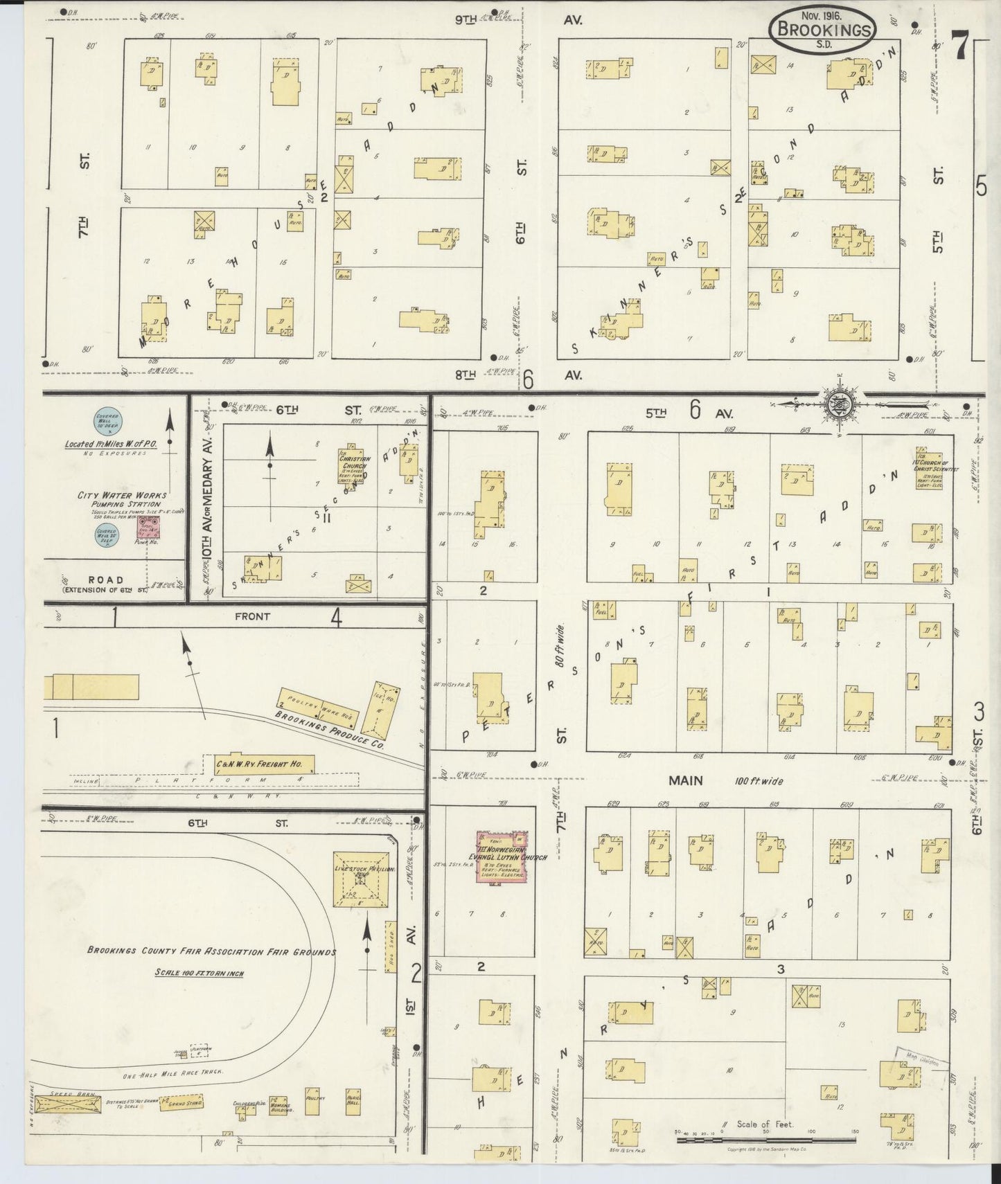 Sanborn Fire Insurance Map from Brookings, Brookings County, South Dakota (1916), Sheet #0007 - Complete Map Set gallery image, historic Sanborn map, vintage wall art, South Dakota South Dakota