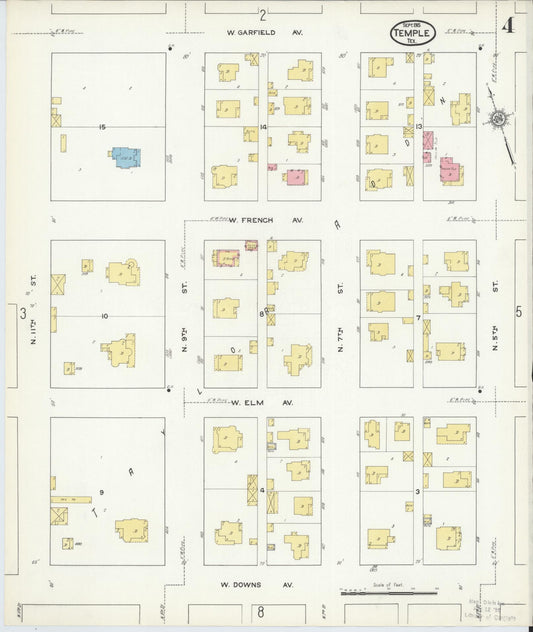 Sanborn Fire Insurance Map from Temple, Bell County, Texas (1915), Sheet #0004 - Historic Sanborn Fire Insurance Map Print, vintage old map wall art, antique decor, genealogy gift, Texas Texas map
