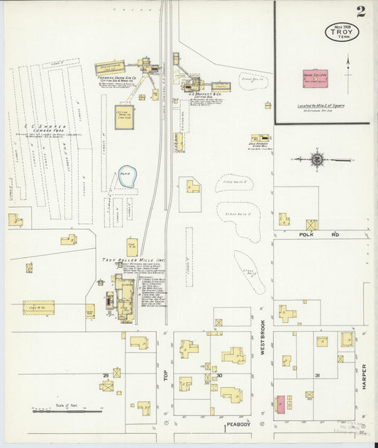 Sanborn Fire Insurance Map from Troy, Obion County, Tennessee (1909), Sheet #0002 - Historic Sanborn Fire Insurance Map Print, vintage old map wall art, antique decor, genealogy gift, Tennessee Tennessee map