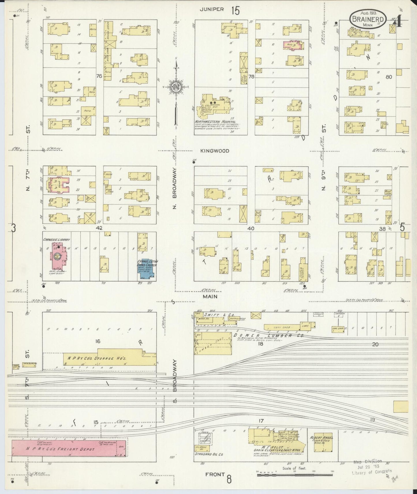 Sanborn Fire Insurance Map from Brainerd, Crow Wing County, Minnesota (1913), Sheet #0004 - Historic Sanborn Fire Insurance Map Print, vintage old map wall art, antique decor, genealogy gift, Minnesota Minnesota map