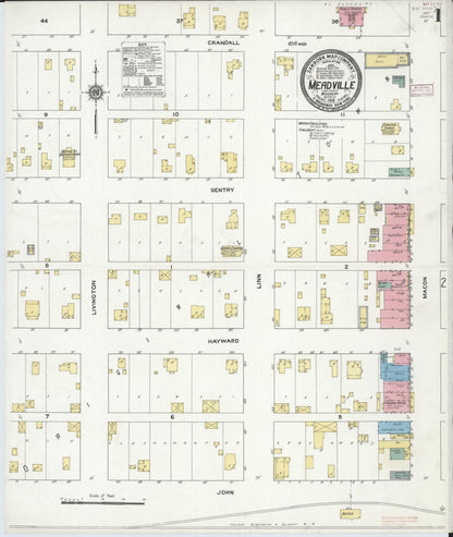 Sanborn Fire Insurance Map from Meadville, Linn County, Missouri (1910), Sheet #0001 - Complete Map Set gallery image, historic Sanborn map, vintage wall art, Missouri Missouri