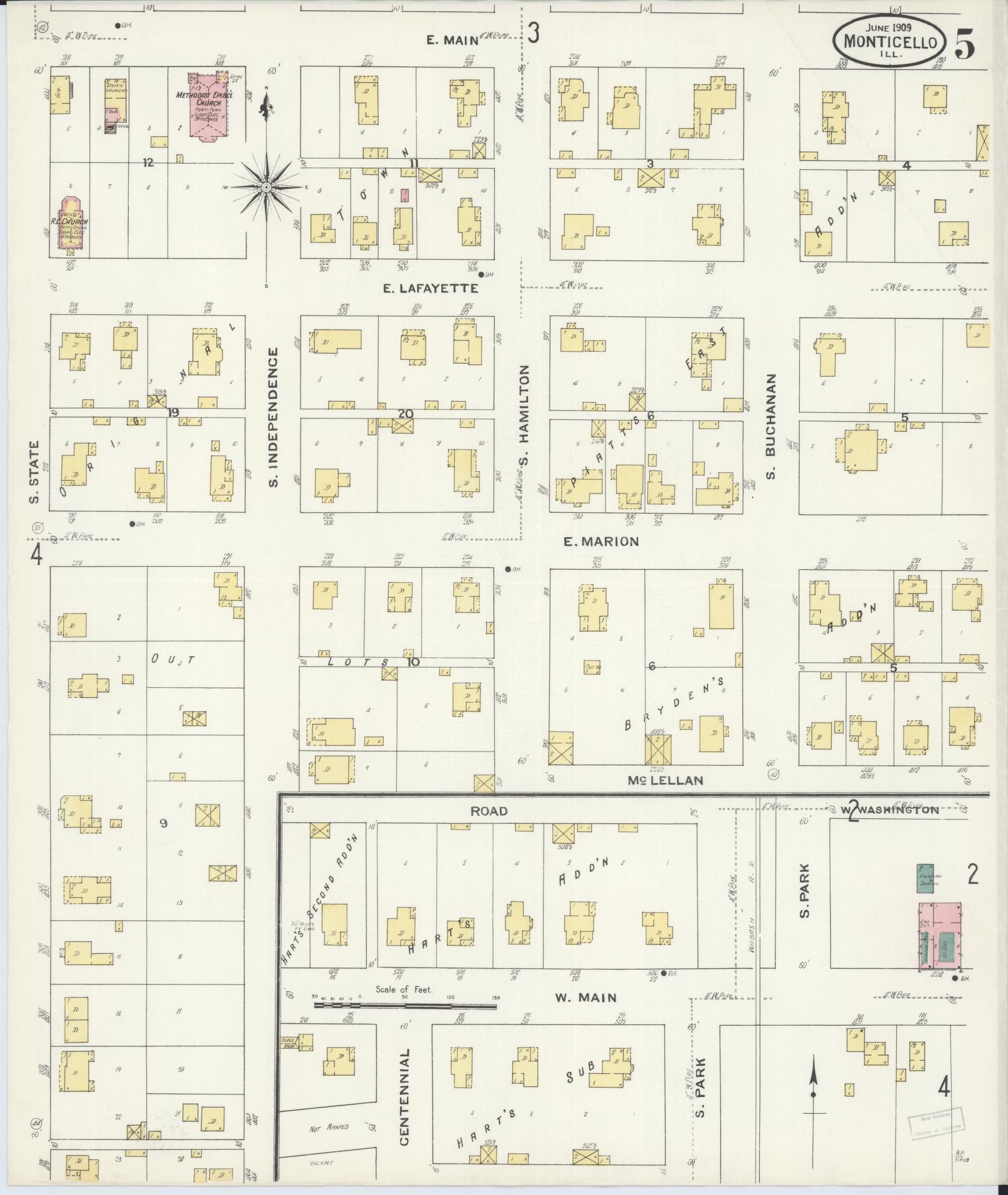 Sanborn Fire Insurance Map from Monticello, Piatt County, Illinois (1909), Sheet #0005 - Complete Map Set gallery image, historic Sanborn map, vintage wall art, Illinois Illinois