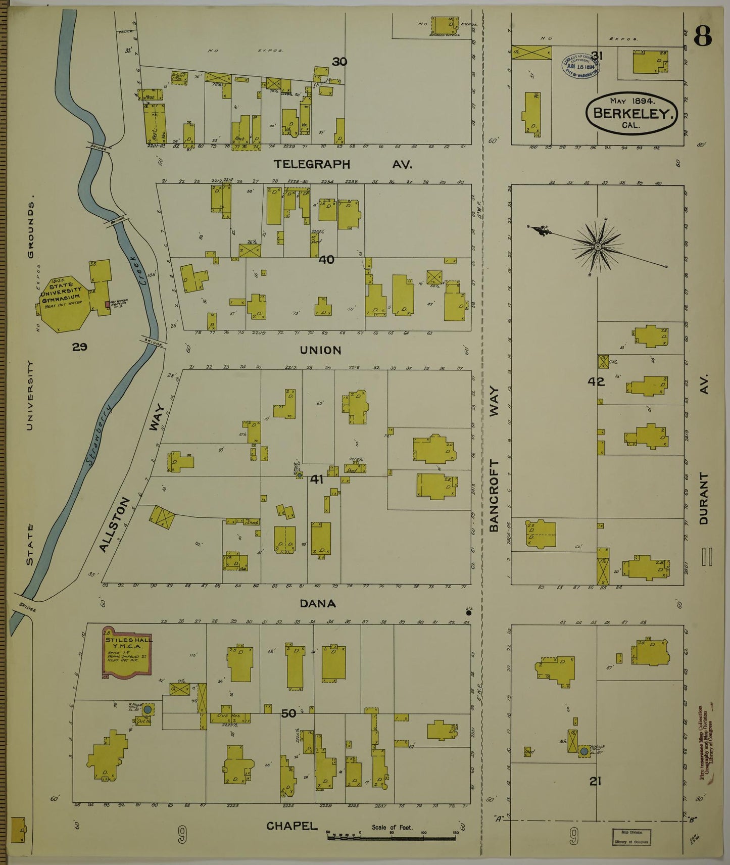 Sanborn Fire Insurance Map from Berkeley, Alameda County, California (1894), Sheet #0008 - Historic Sanborn Fire Insurance Map Print, vintage old map wall art, antique decor, genealogy gift, California California map