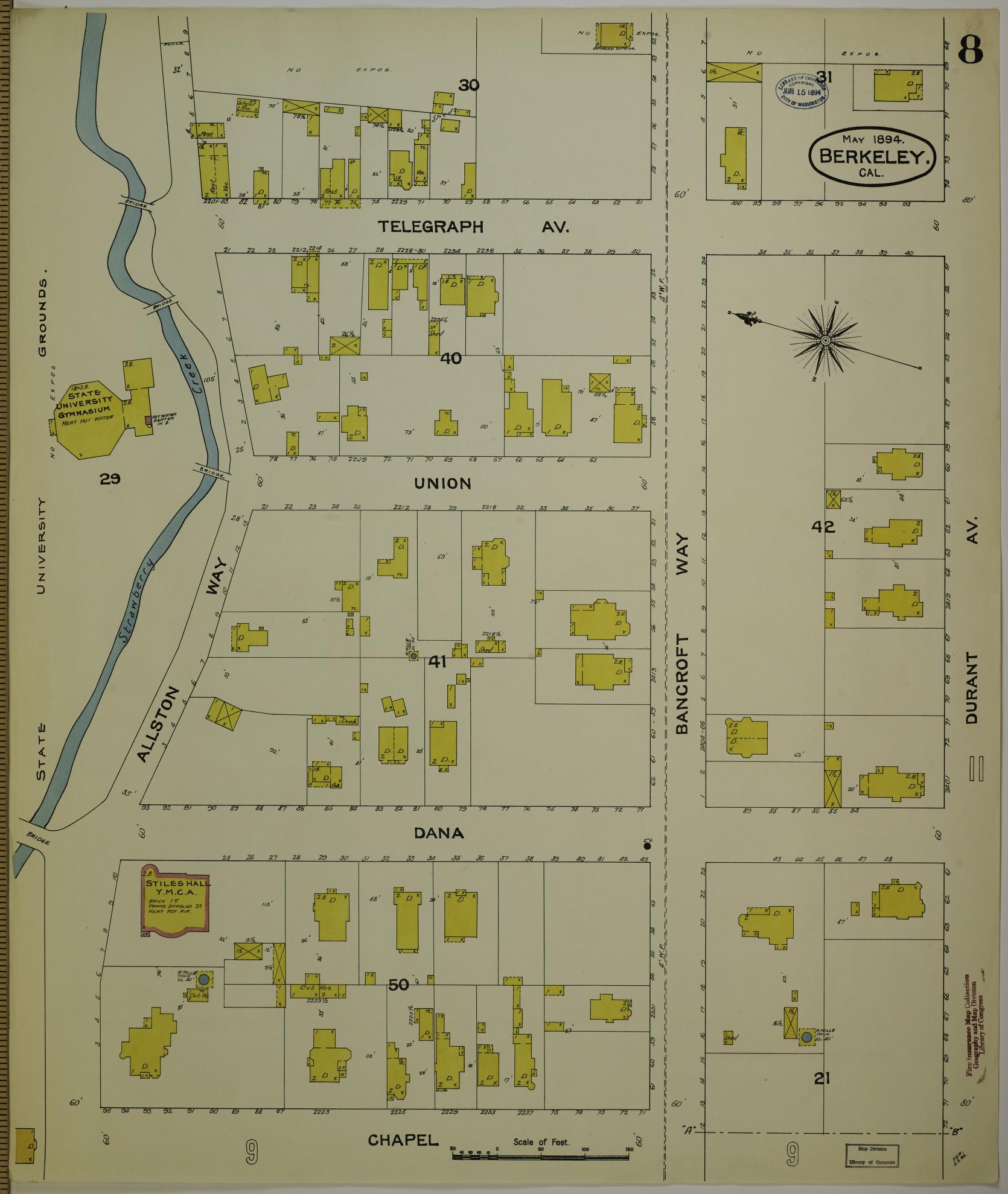 Sanborn Fire Insurance Map from Berkeley, Alameda County, California (1894), Sheet #0008 - Historic Sanborn Fire Insurance Map Print, vintage old map wall art, antique decor, genealogy gift, California California map