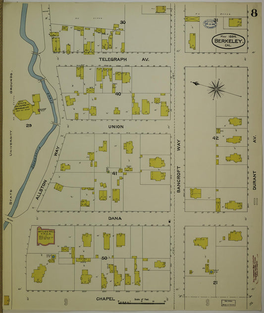 Sanborn Fire Insurance Map from Berkeley, Alameda County, California (1894), Sheet #0008 - Historic Sanborn Fire Insurance Map Print, vintage old map wall art, antique decor, genealogy gift, California California map