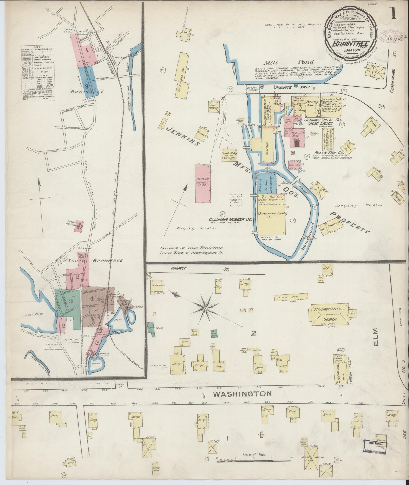 Sanborn Fire Insurance Map from Braintree, Norfolk County, Massachusetts (1886), Sheet #0001 - Historic Sanborn Fire Insurance Map Print, vintage old map wall art, antique decor, genealogy gift, Massachusetts Massachusetts map