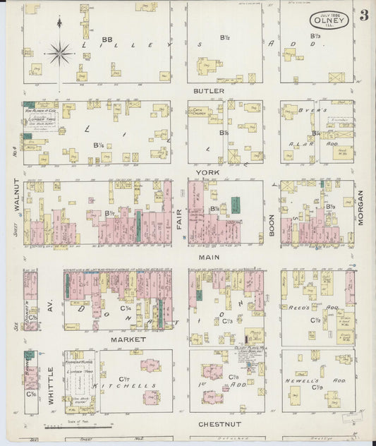 Sanborn Fire Insurance Map from Olney, Richland County, Illinois (1886), Sheet #0003 - Historic Sanborn Fire Insurance Map Print, vintage old map wall art, antique decor, genealogy gift, Illinois Illinois map