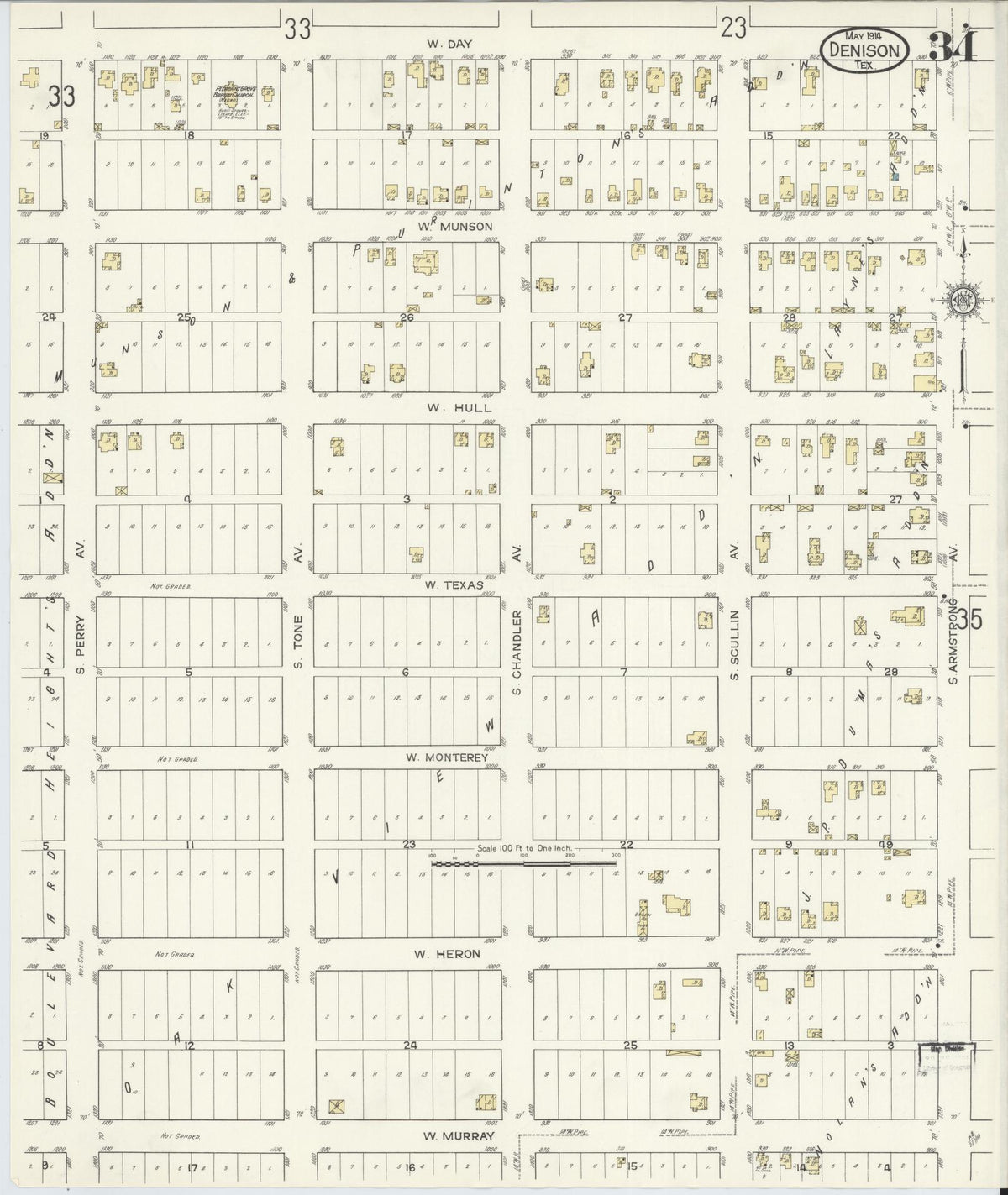 Sanborn Fire Insurance Map from Denison, Grayson County, Texas (1914), Sheet #0034 - Complete Map Set gallery image, historic Sanborn map, vintage wall art, Texas Texas