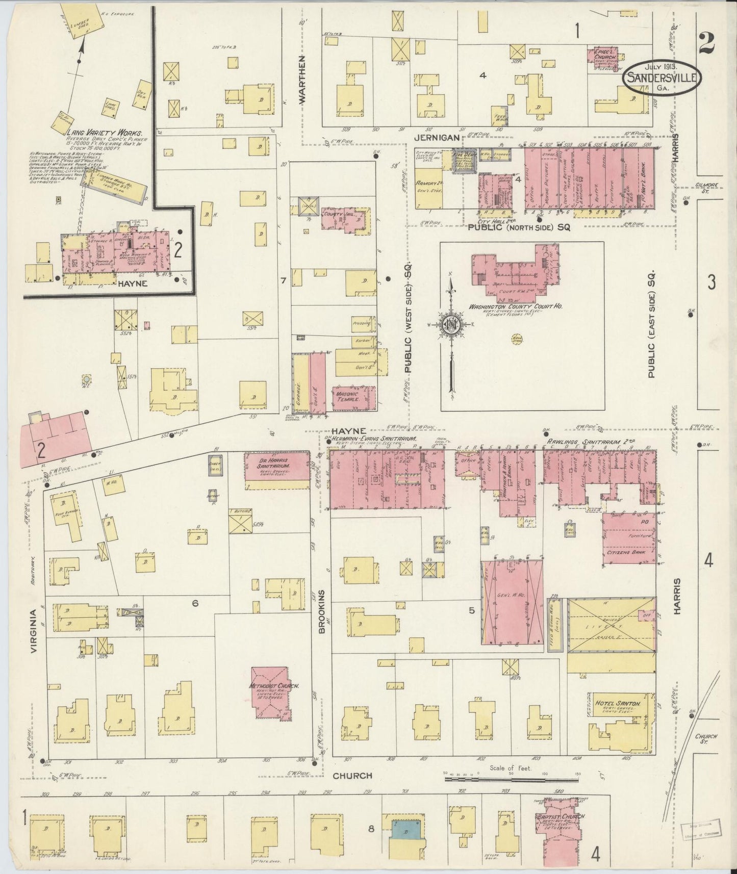 Sanborn Fire Insurance Map from Sandersville, Washington County, Georgia (1913), Sheet #0002 - Complete Map Set gallery image, historic Sanborn map, vintage wall art, Georgia Georgia