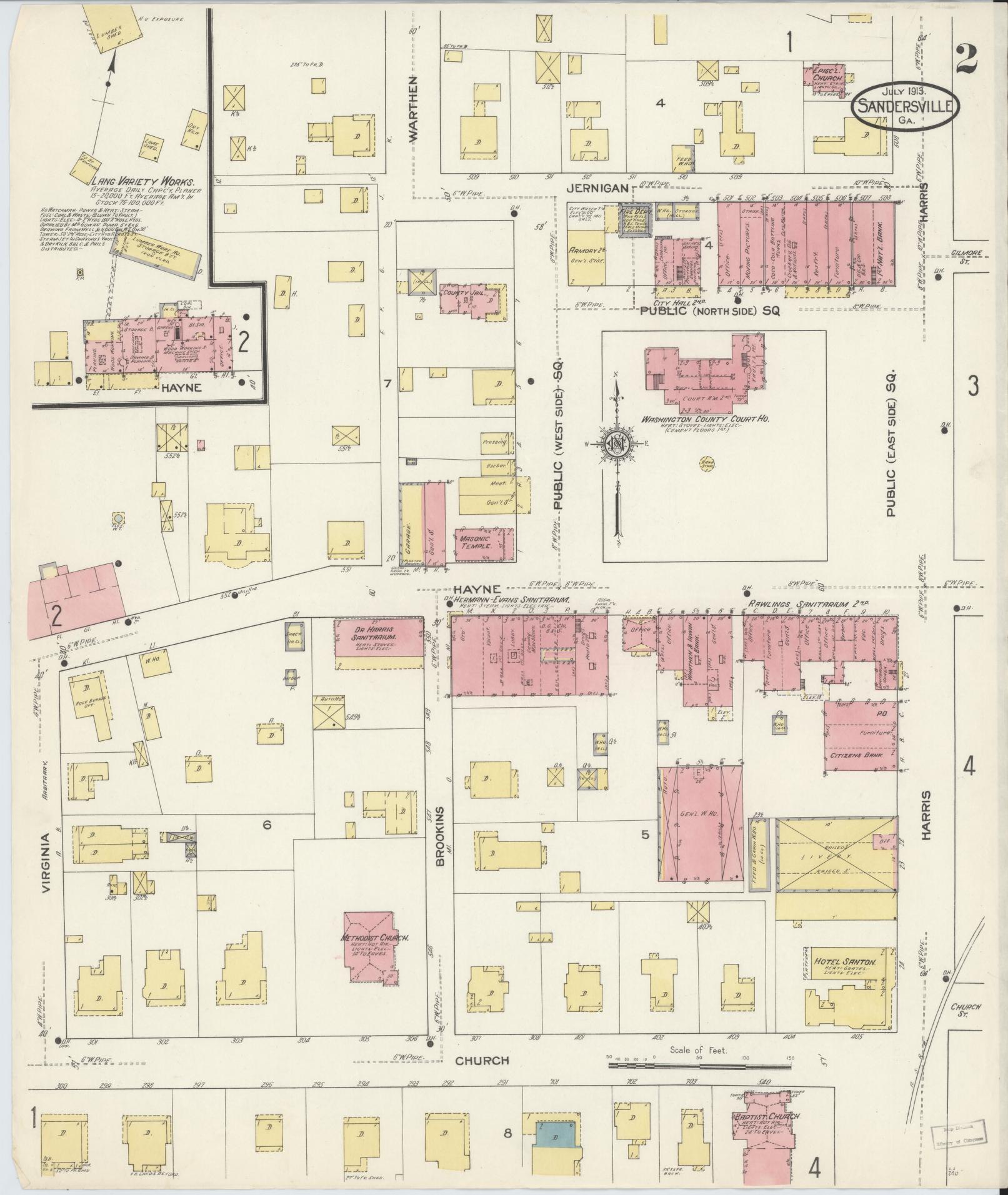 Sanborn Fire Insurance Map from Sandersville, Washington County, Georgia (1913), Sheet #0002 - Complete Map Set gallery image, historic Sanborn map, vintage wall art, Georgia Georgia