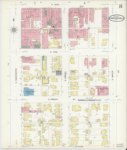 Sanborn Fire Insurance Map from Crawfordsville, Montgomery County, Indiana (1907), Sheet #0008 - Historic Sanborn Fire Insurance Map Print, vintage old map wall art, antique decor, genealogy gift, Indiana Indiana map