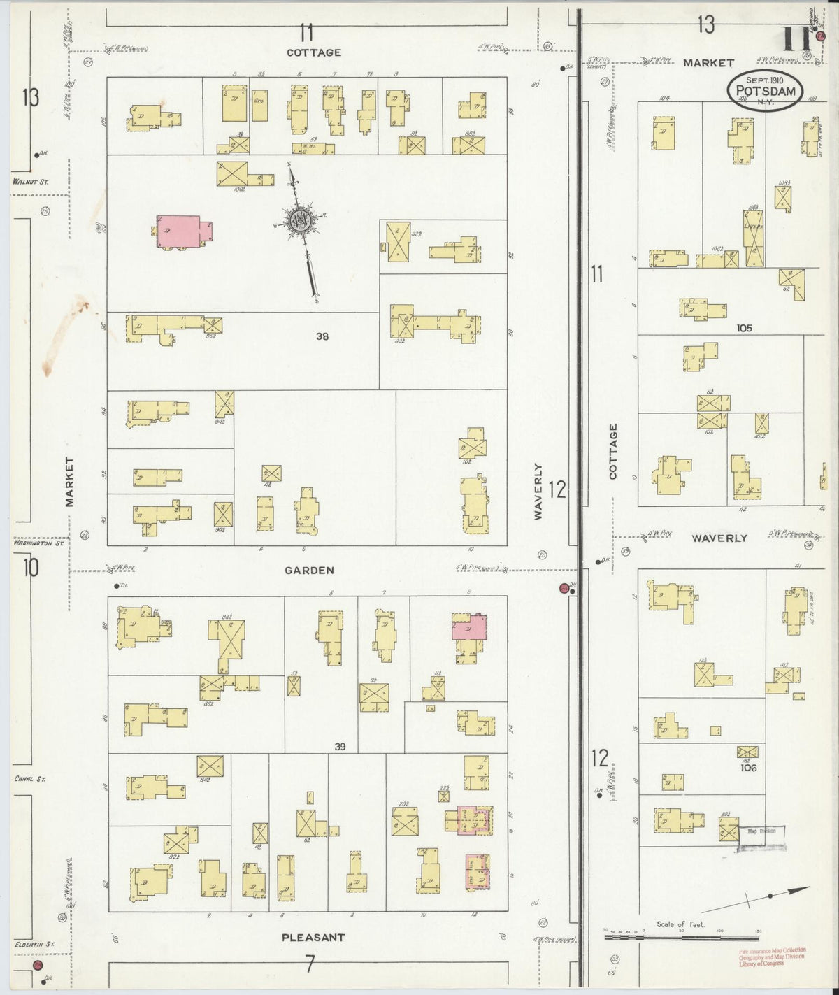Sanborn Fire Insurance Map from Potsdam, St. Lawrence County, New York (1910), Sheet #0011 - Complete Map Set gallery image, historic Sanborn map, vintage wall art, New York New York